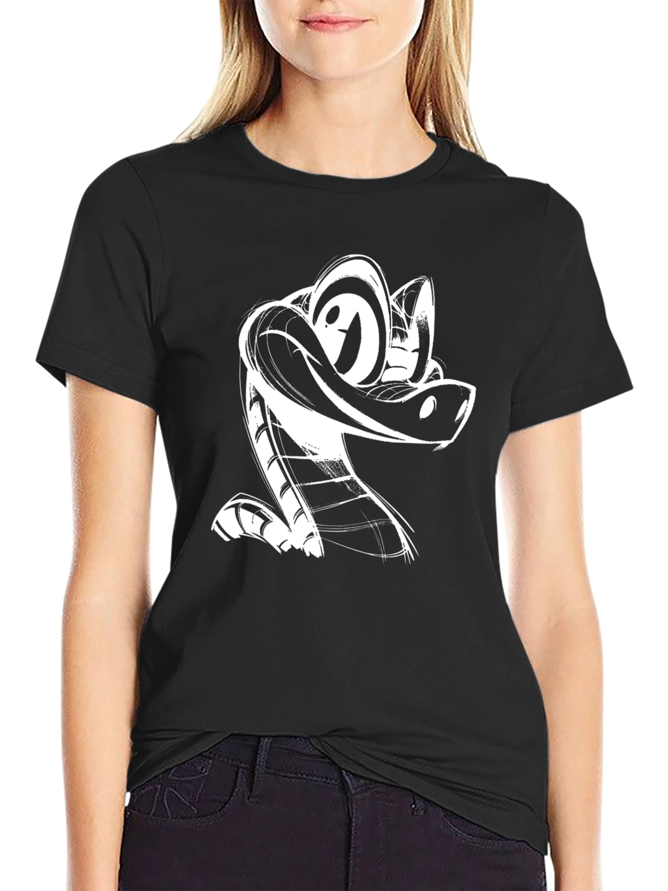 Cartoon Snake Graphic Tee - Black Cotton T-Shirt