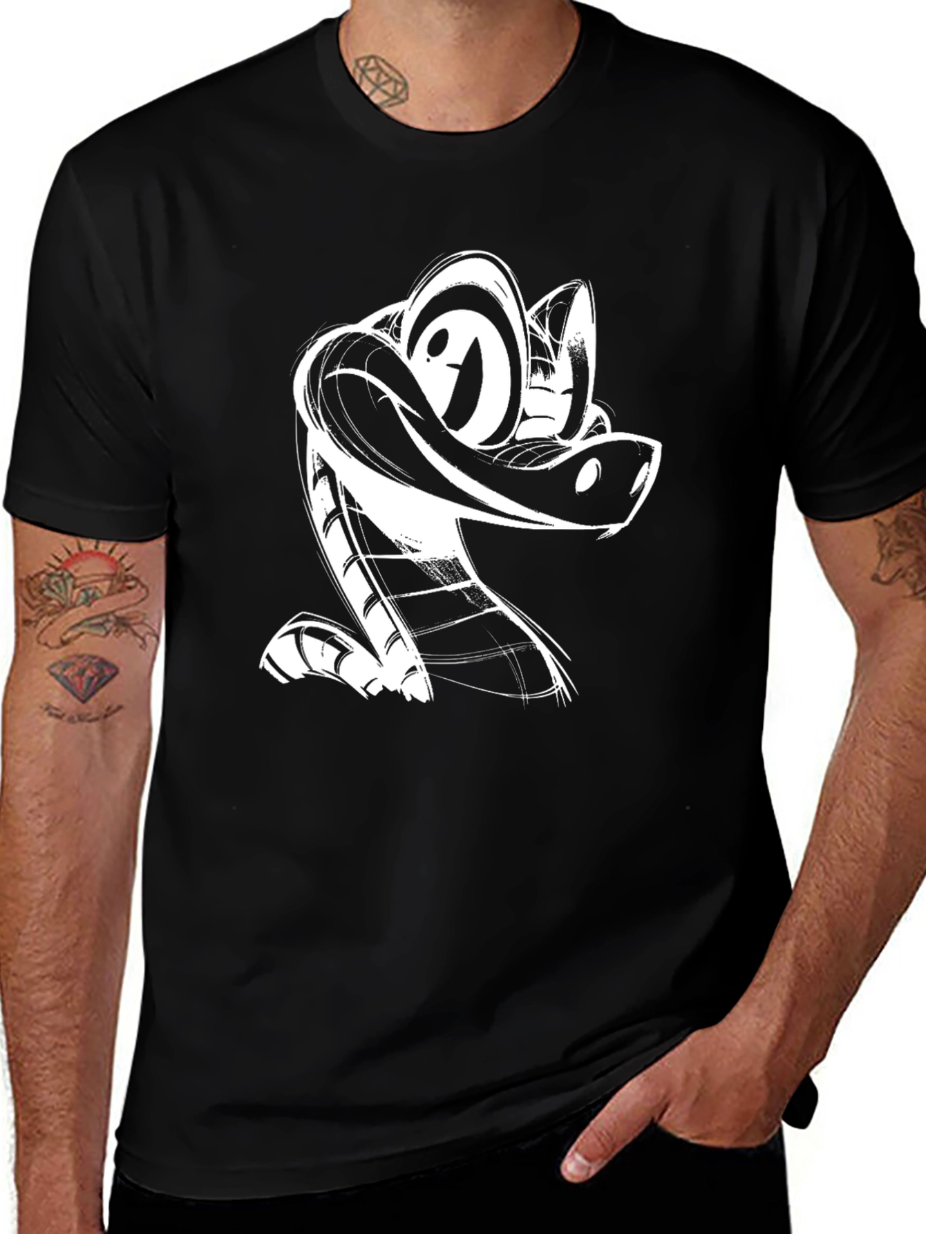 Cartoon Snake Graphic Tee - Black Cotton T-Shirt
