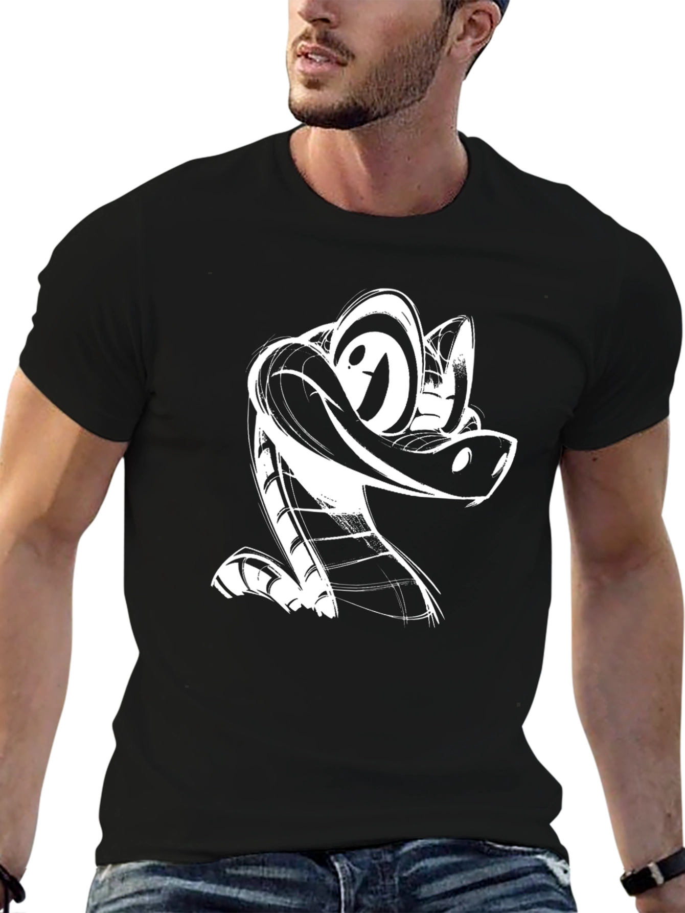 Cartoon Snake Graphic Tee - Black Cotton T-Shirt