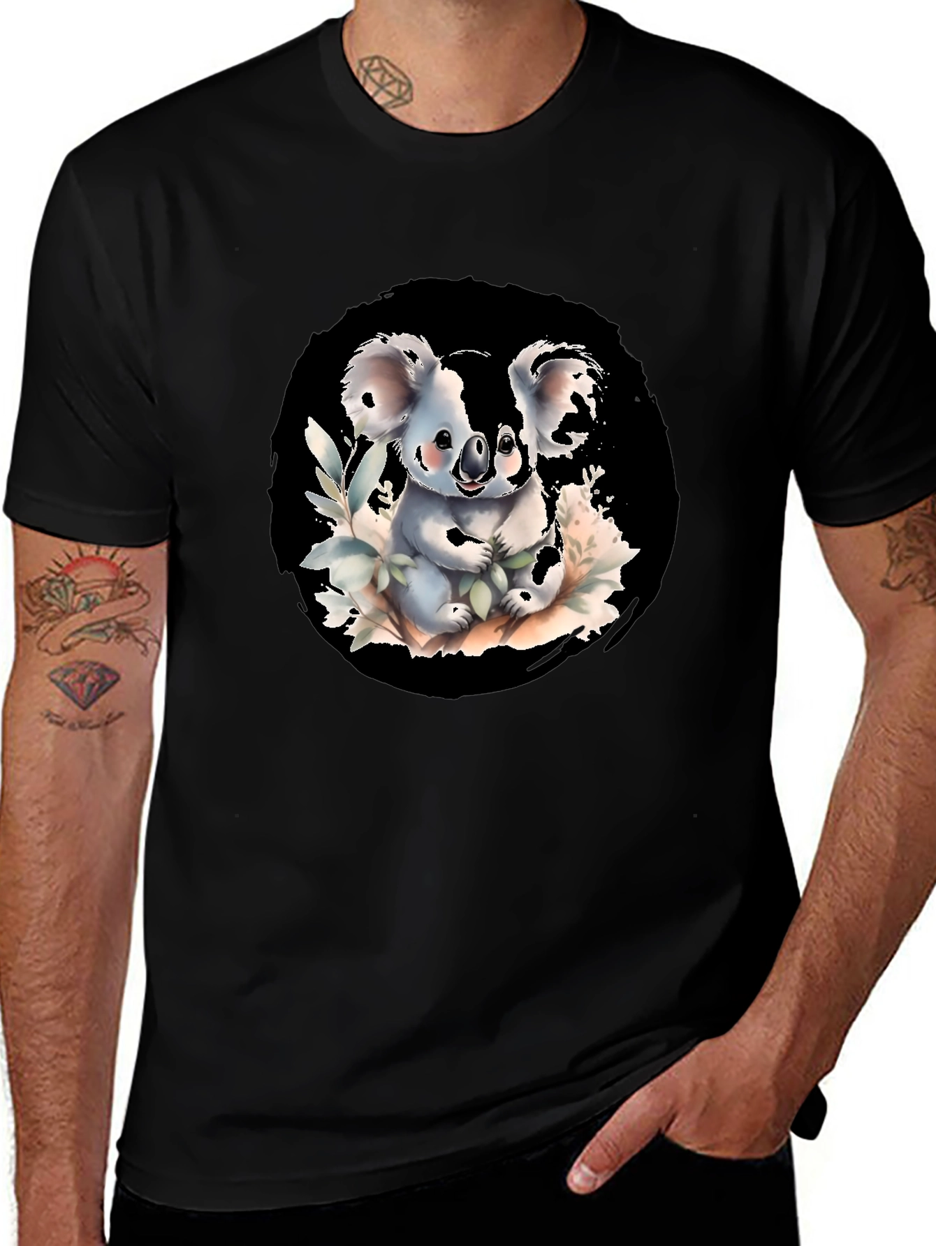 Cute Koala Graphic Tee - Black Cotton Blend Shirt