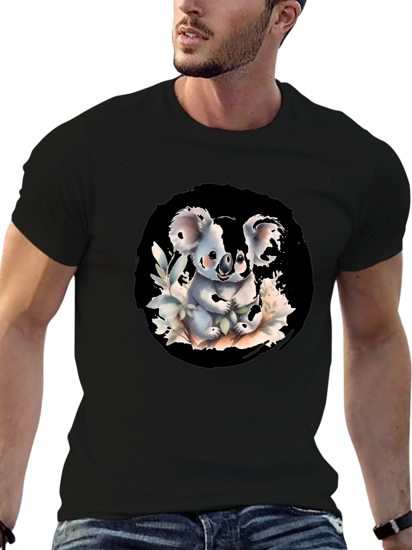 Cute Koala Graphic Tee - Black Cotton Blend Shirt