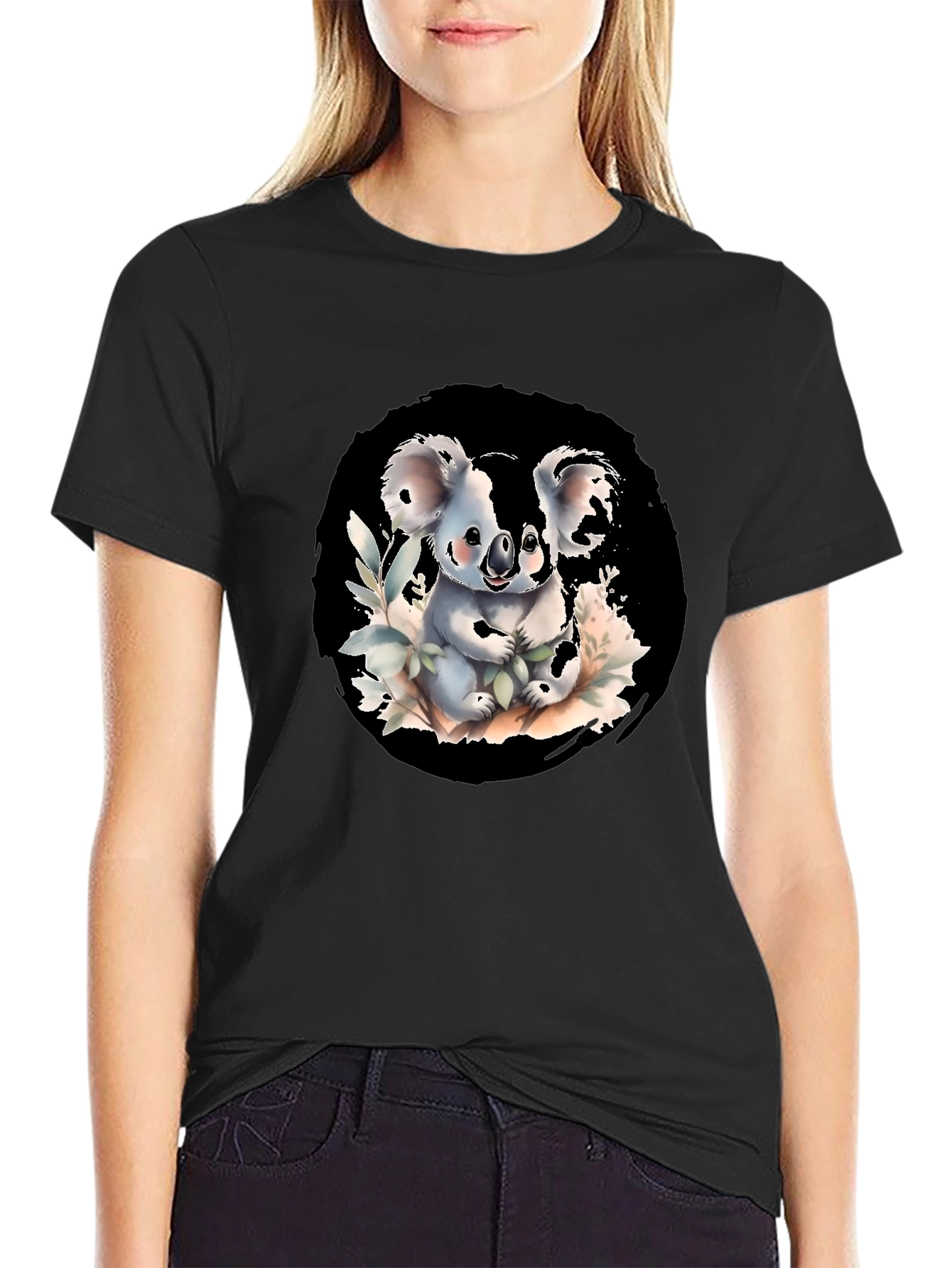 Cute Koala Graphic Tee - Black Cotton Blend Shirt