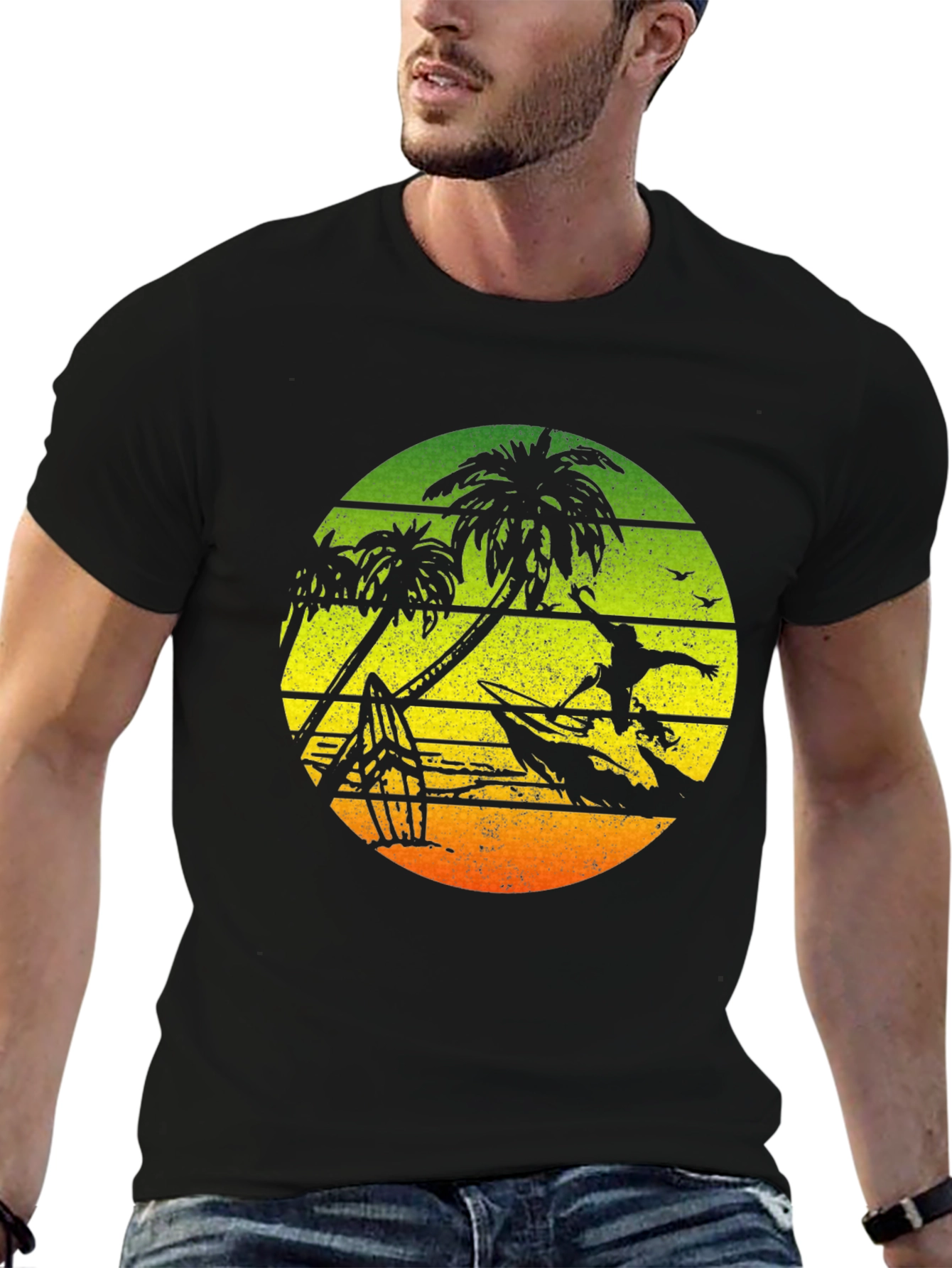 Surfing Palm Tree Graphic T-Shirt - Black