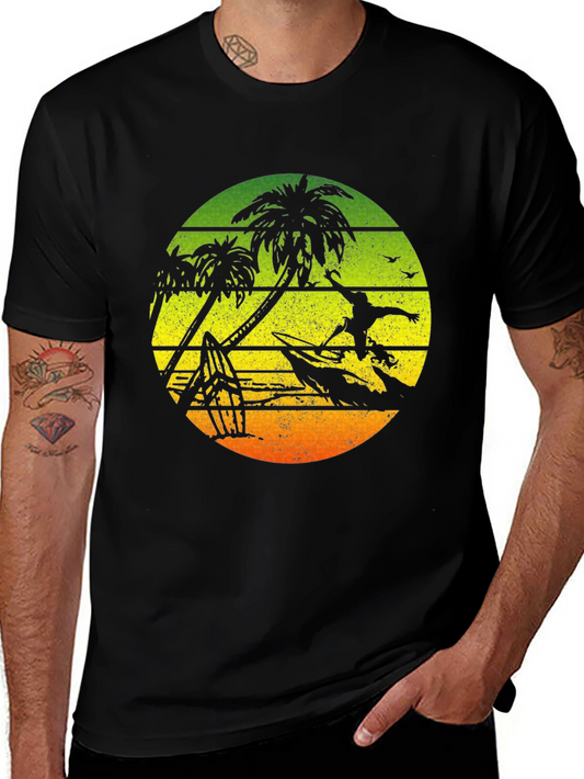 Surfing Palm Tree Graphic T-Shirt - Black