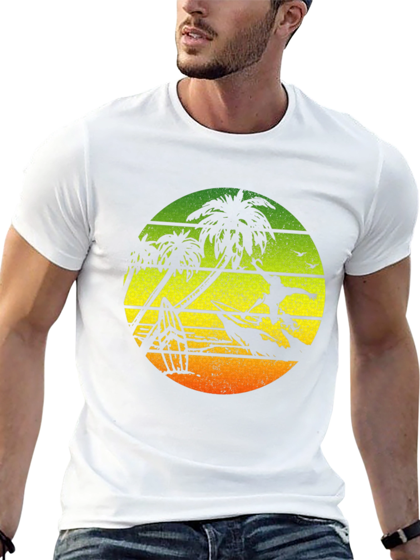 Surfing Palm Tree Graphic T-Shirt - Black