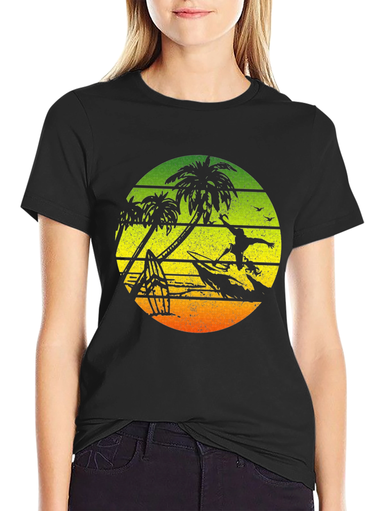 Surfing Palm Tree Graphic T-Shirt - Black