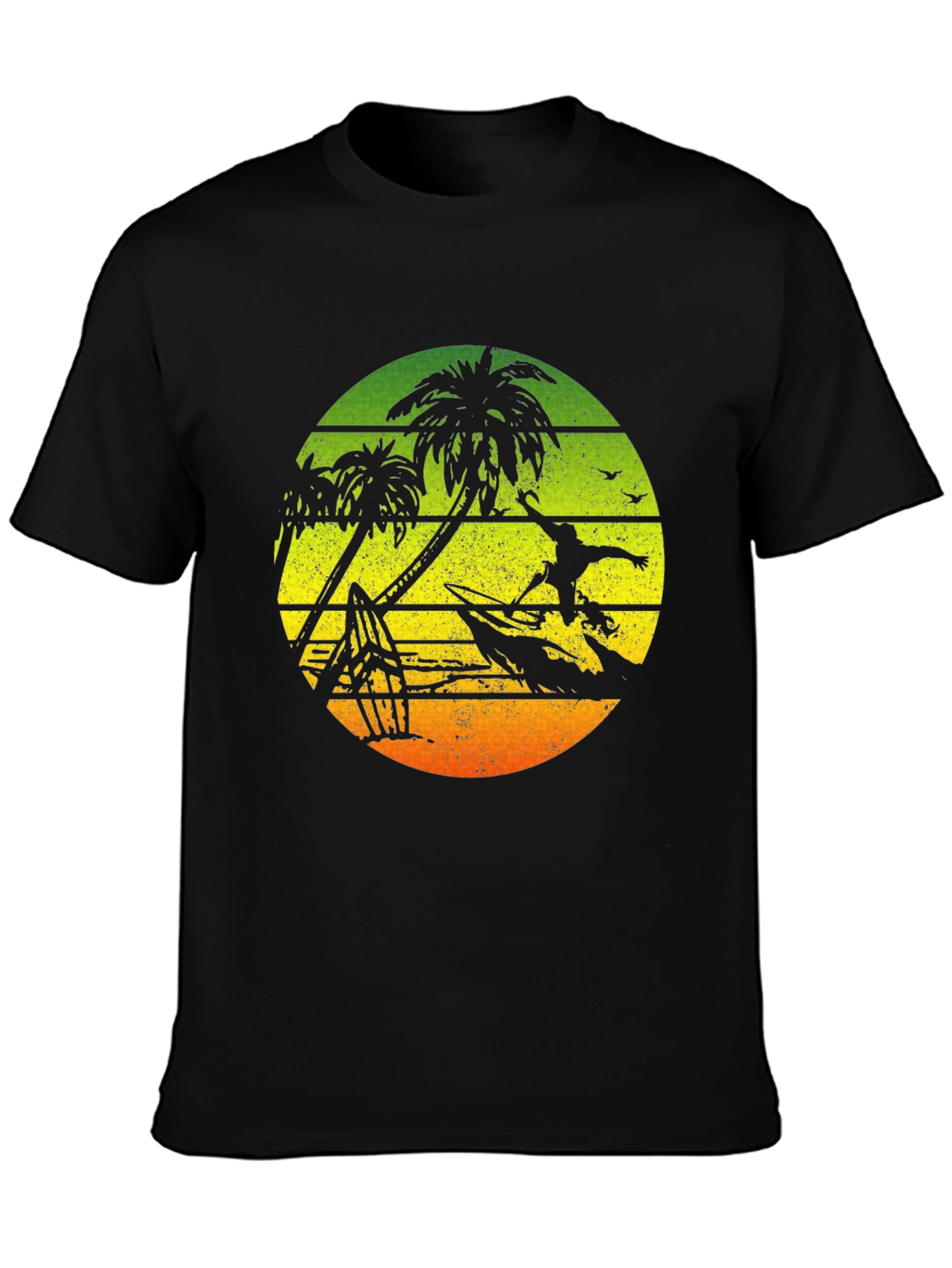 Surfing Palm Tree Graphic T-Shirt - Black