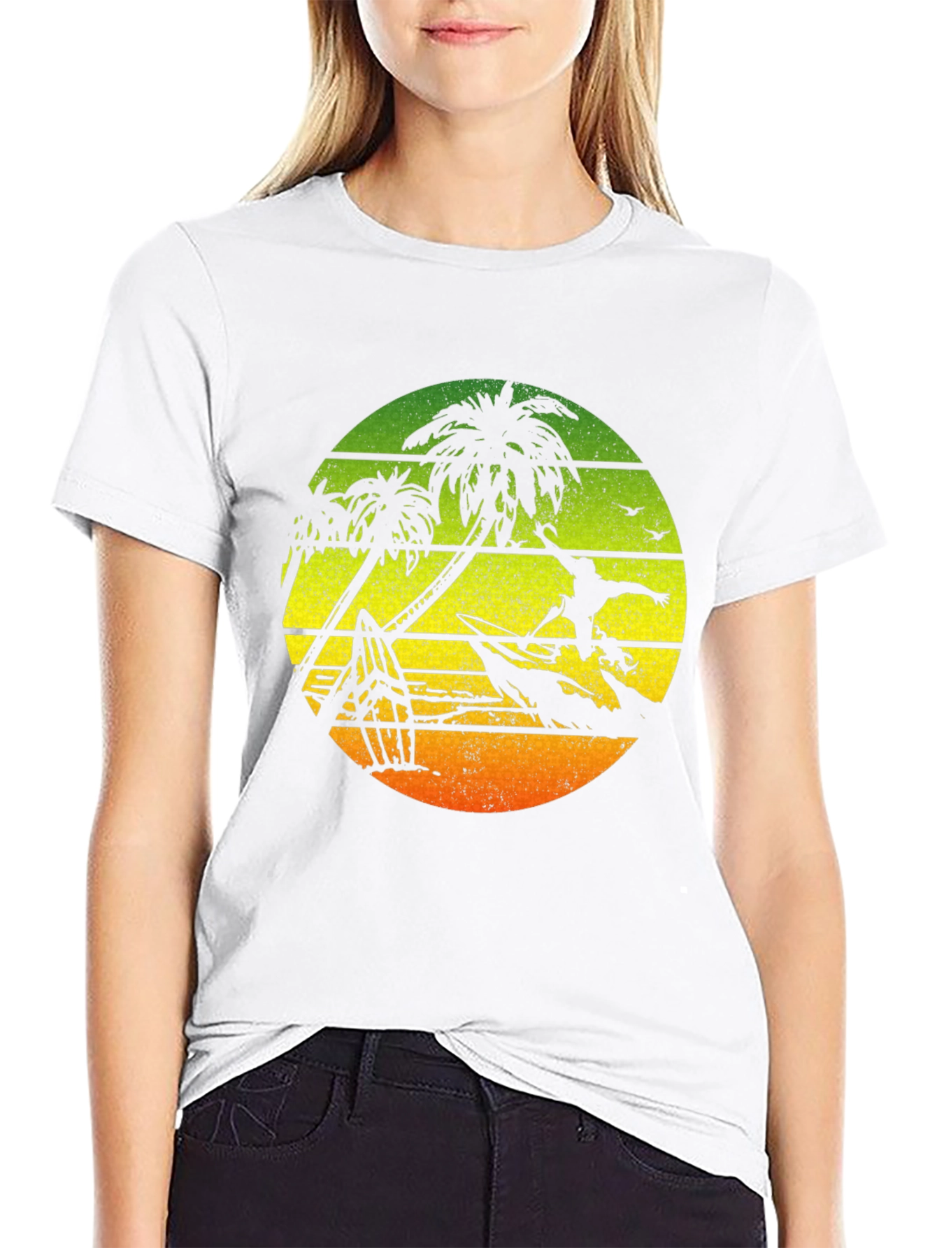 Surfing Palm Tree Graphic T-Shirt - Black
