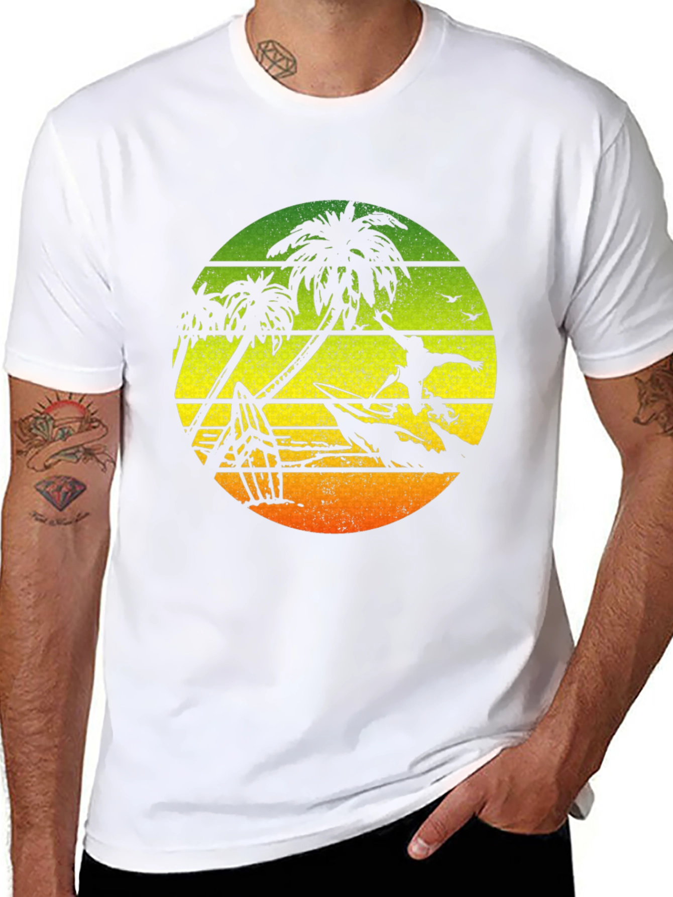 Surfing Palm Tree Graphic T-Shirt - Black