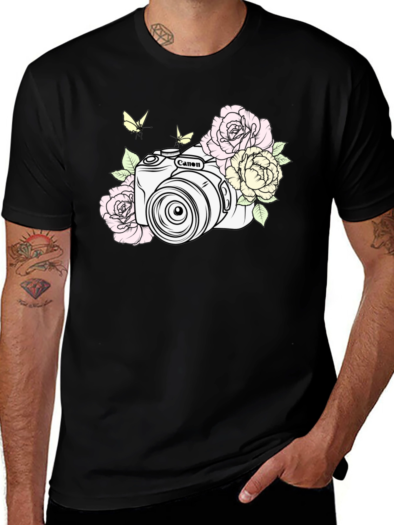 Camera & Roses Black Graphic Tee
