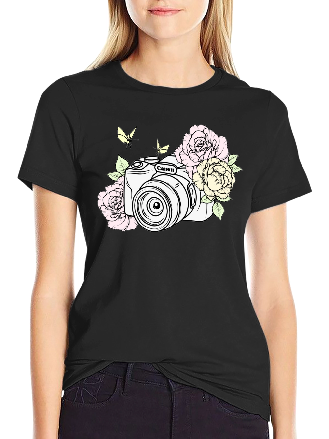 Camera & Roses Black Graphic Tee