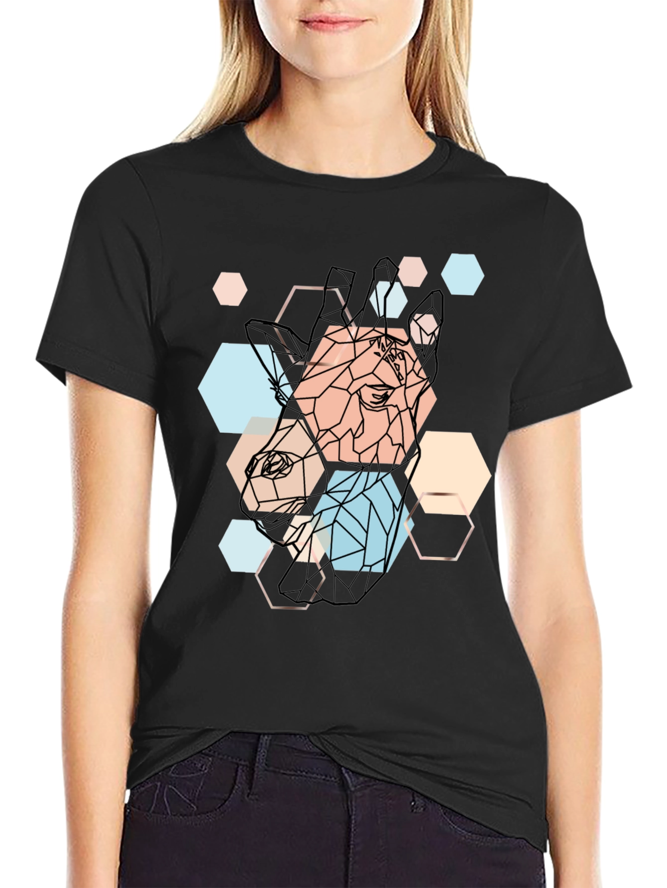 Geometric Giraffe Print Black T-Shirt