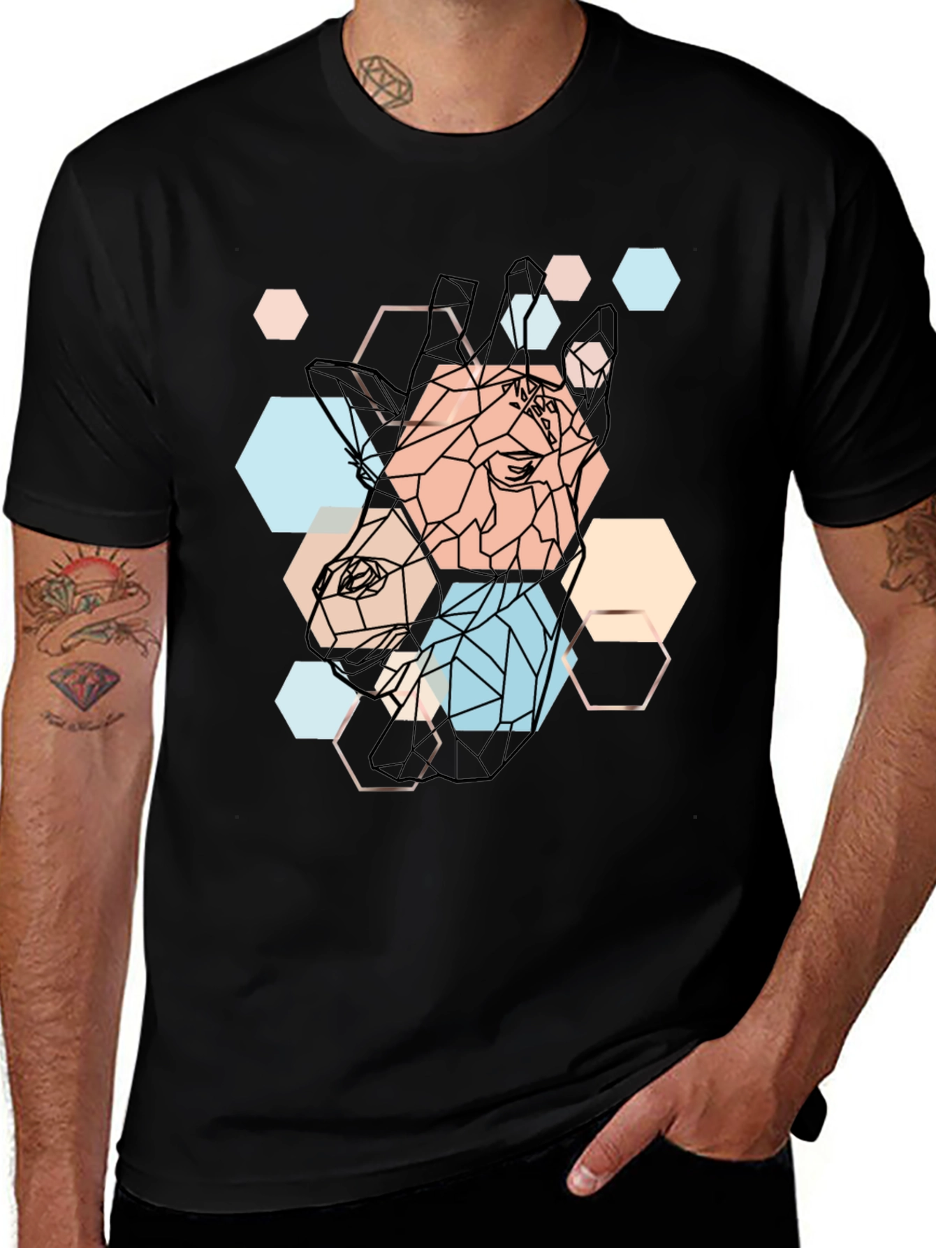 Geometric Giraffe Print Black T-Shirt