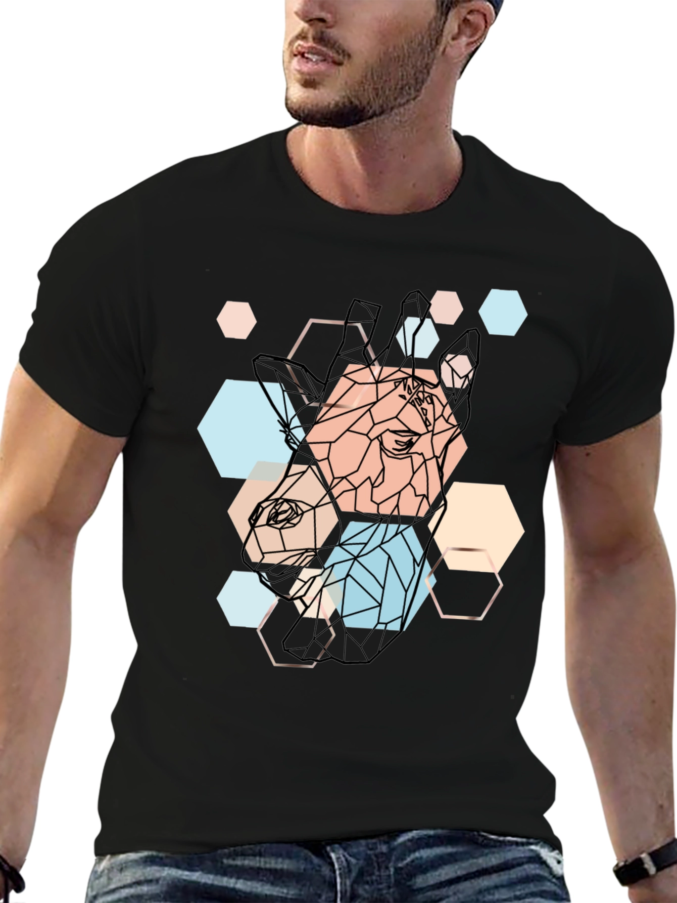 Geometric Giraffe Print Black T-Shirt