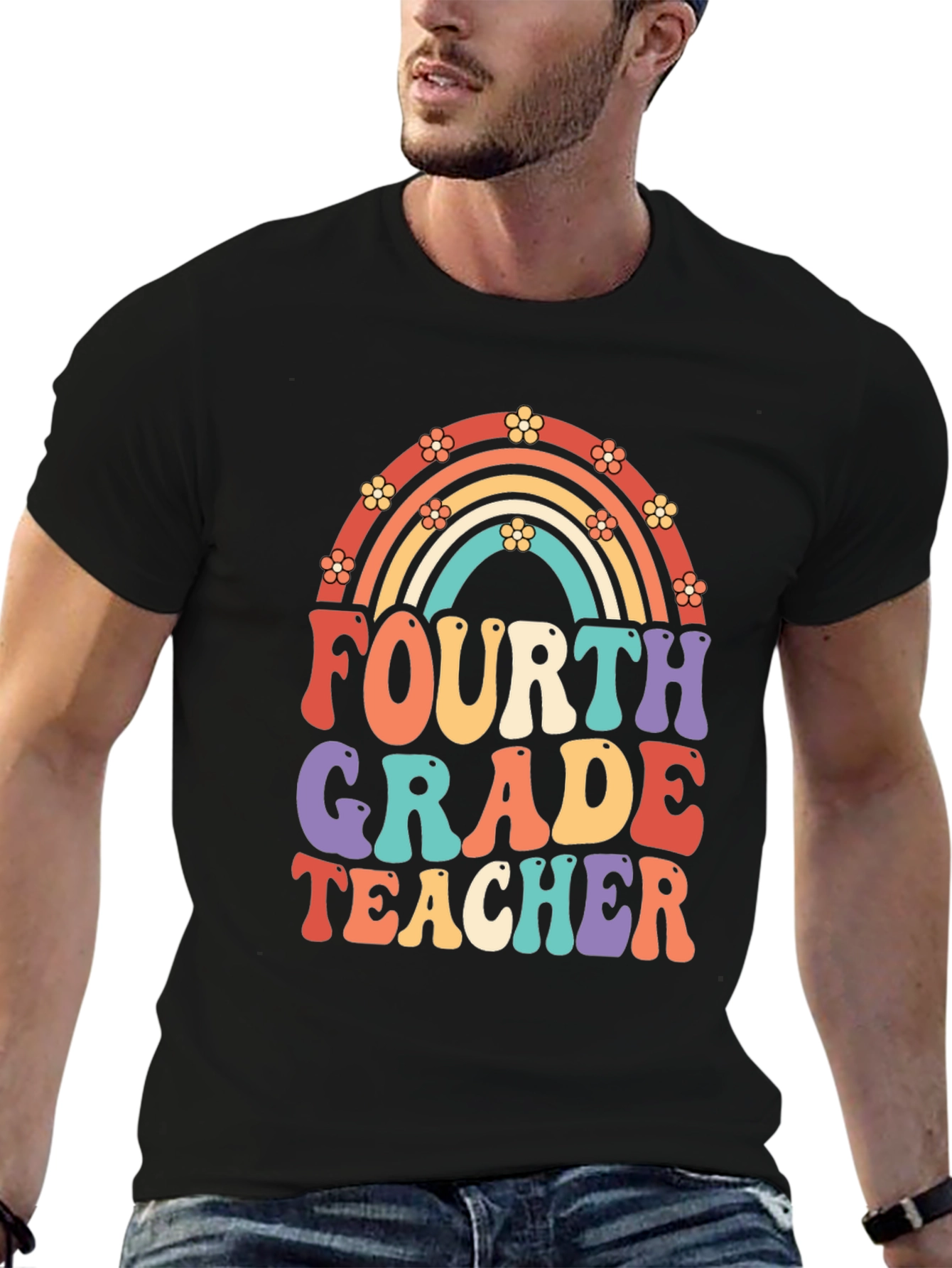 Fourth Grade Teacher Retro Rainbow T-Shirt