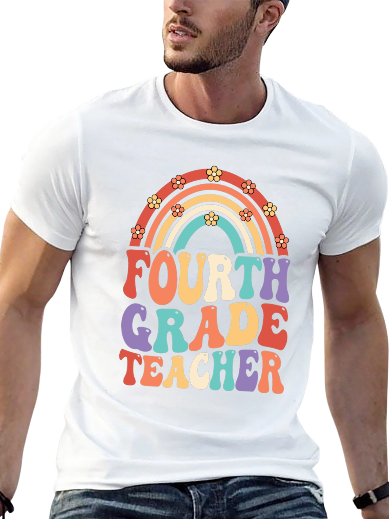 Fourth Grade Teacher Retro Rainbow T-Shirt