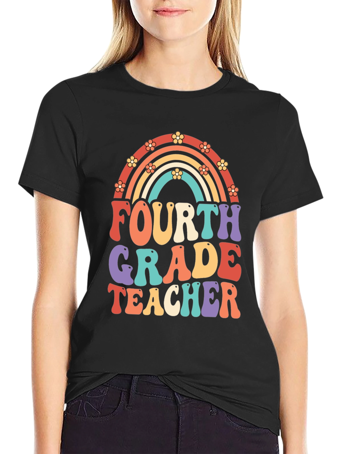 Fourth Grade Teacher Retro Rainbow T-Shirt