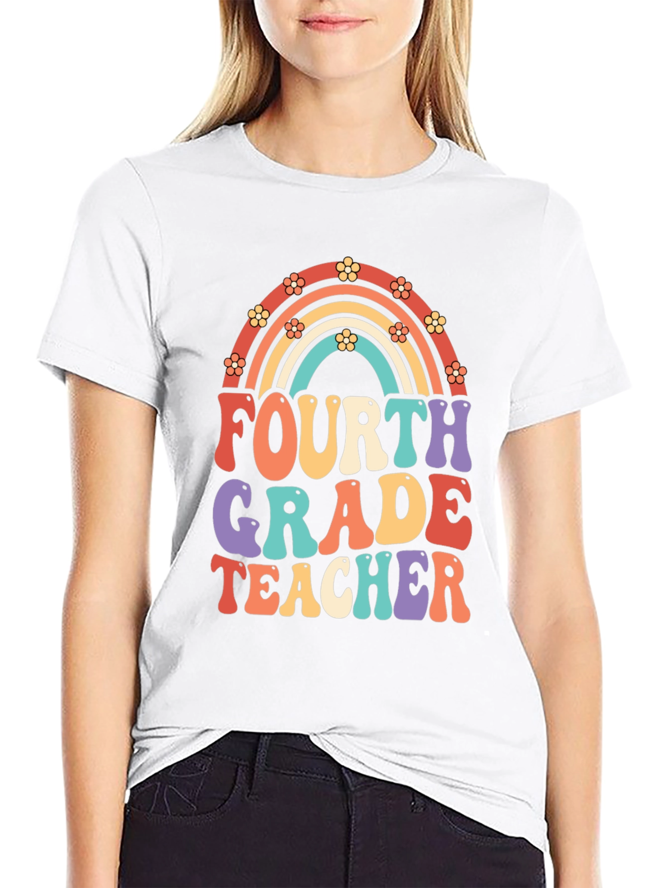 Fourth Grade Teacher Retro Rainbow T-Shirt