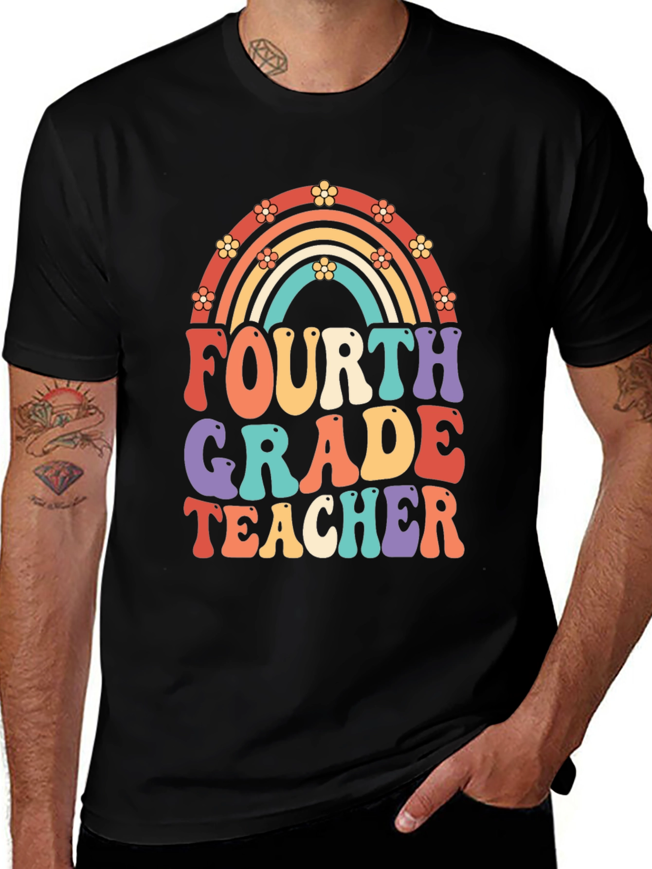 Fourth Grade Teacher Retro Rainbow T-Shirt