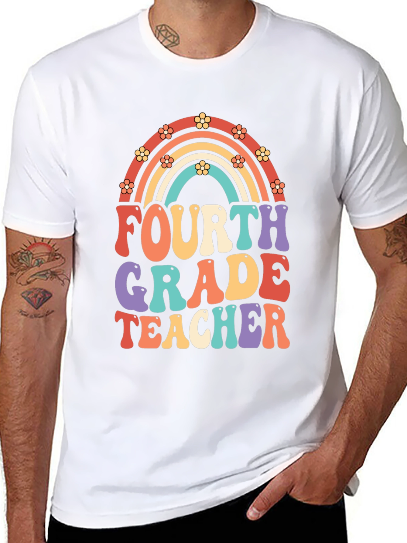 Fourth Grade Teacher Retro Rainbow T-Shirt