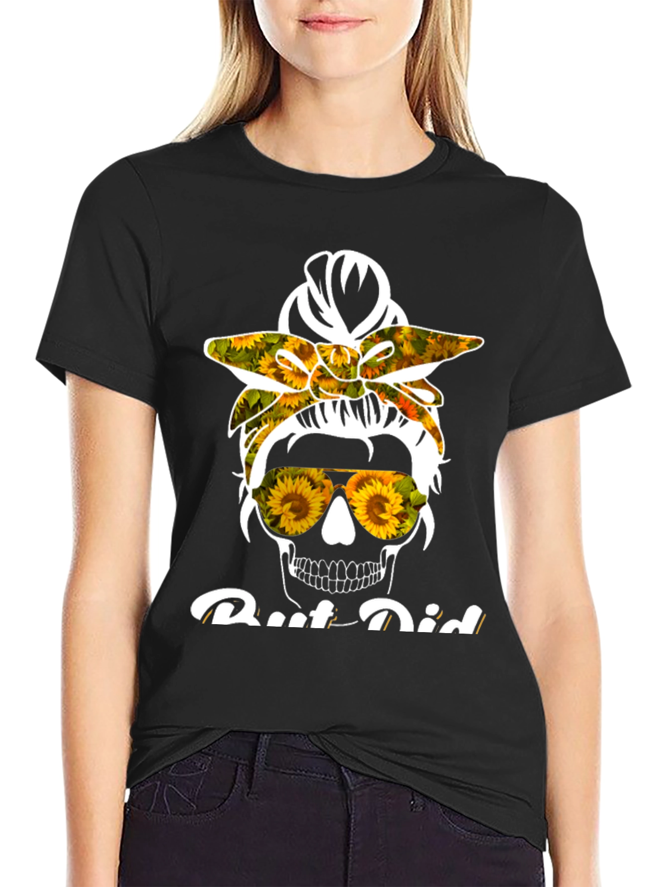 Sunflower Skull Messy Bun T-Shirt