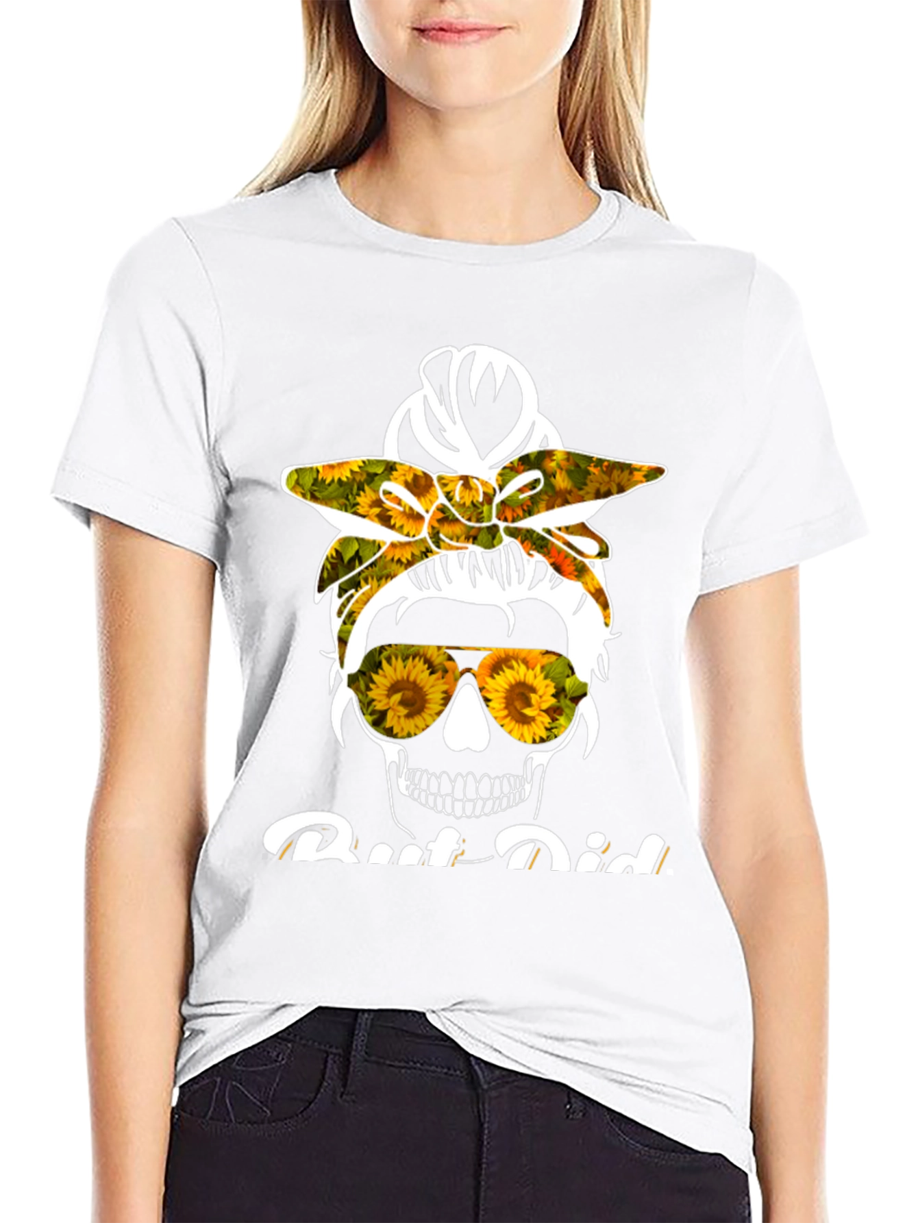 Sunflower Skull Messy Bun T-Shirt