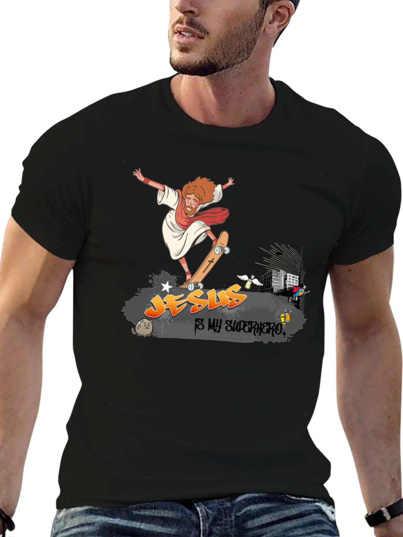 Jesus Skateboard Graphic Black Tee