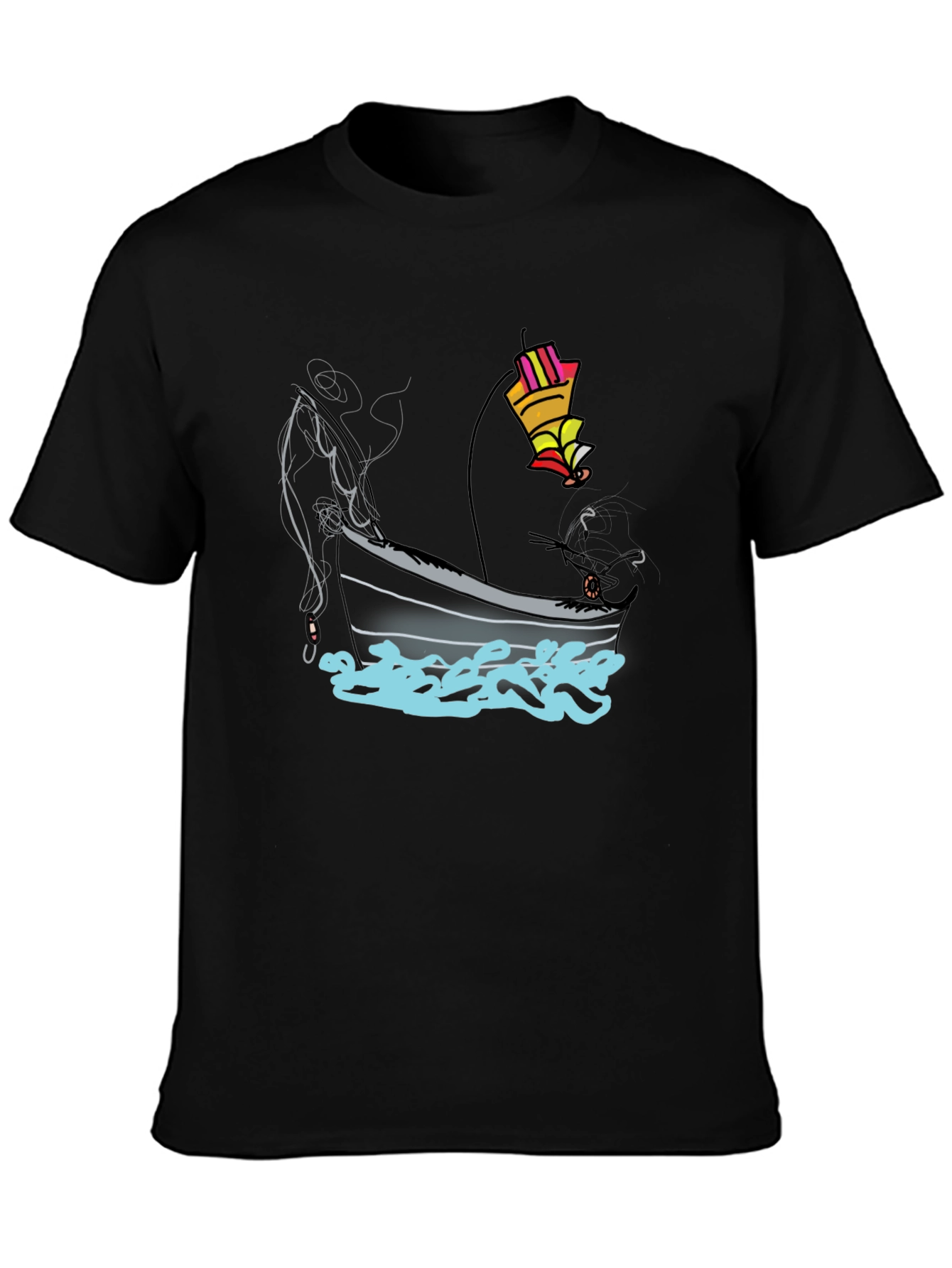 Fishing Boat Graphic Tee - Black Cotton T-Shirt