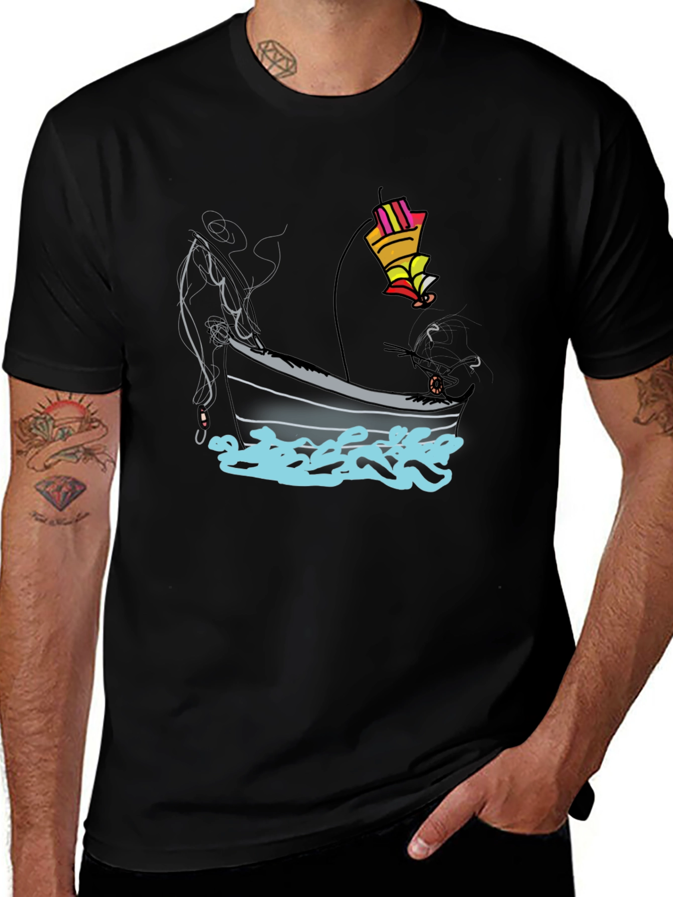 Fishing Boat Graphic Tee - Black Cotton T-Shirt