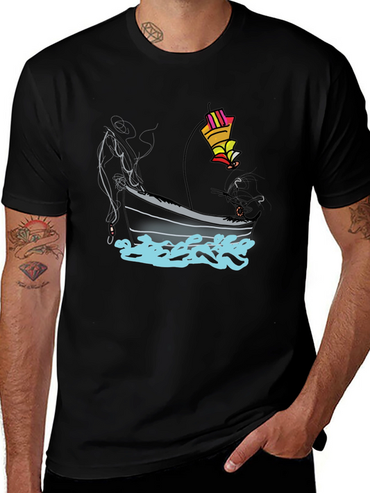 Fishing Boat Graphic Tee - Black Cotton T-Shirt