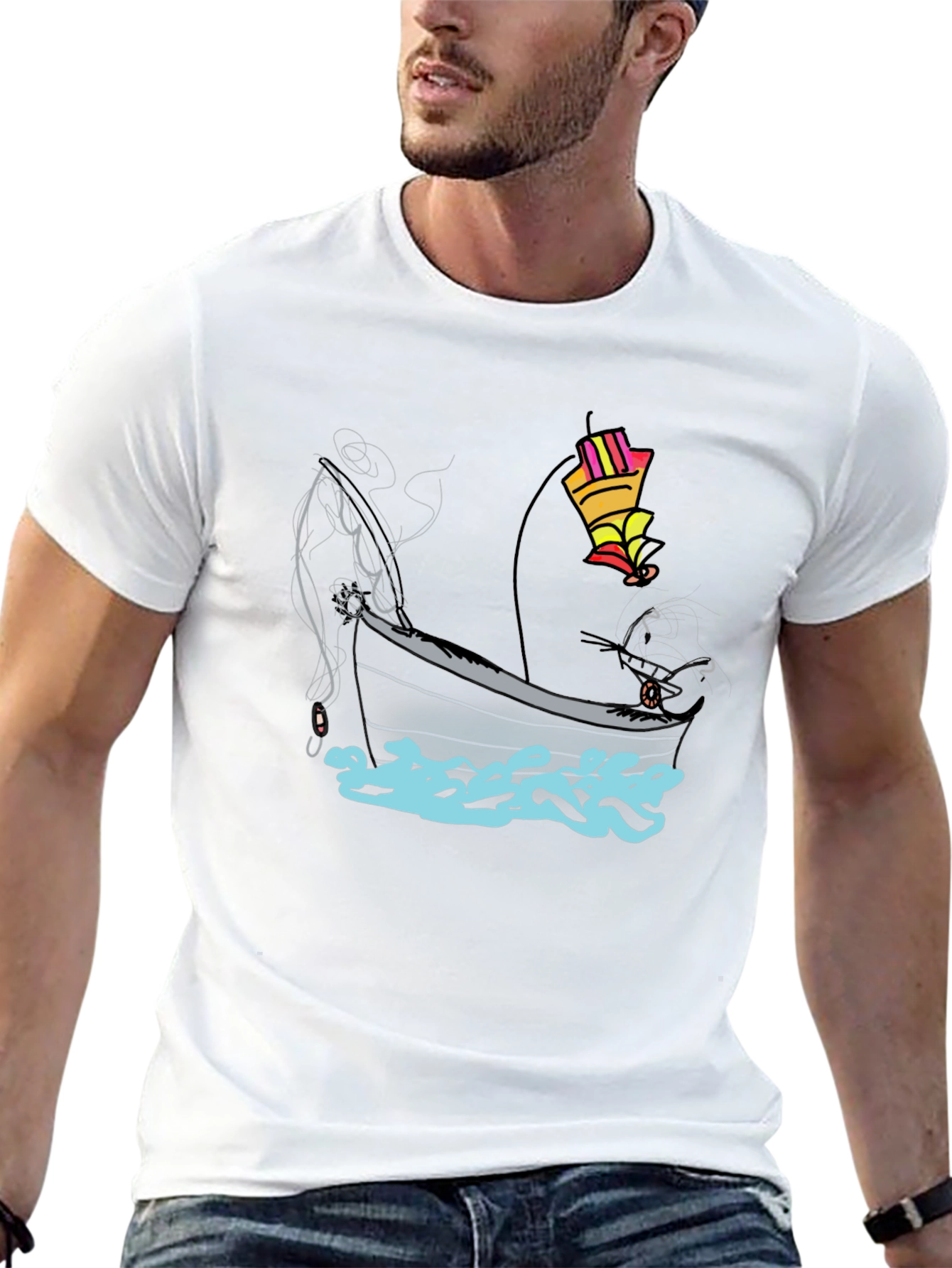 Fishing Boat Graphic Tee - Black Cotton T-Shirt