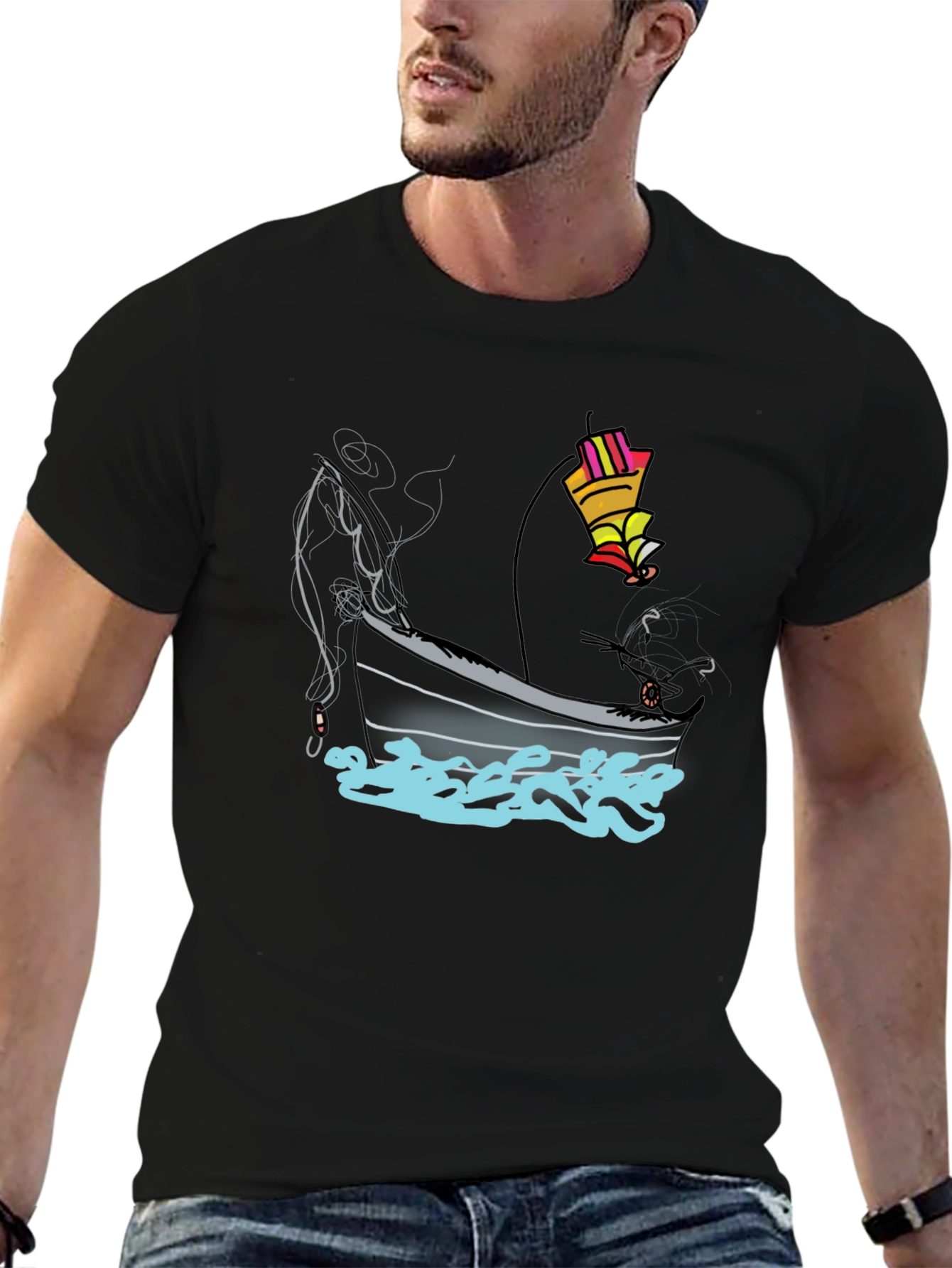 Fishing Boat Graphic Tee - Black Cotton T-Shirt