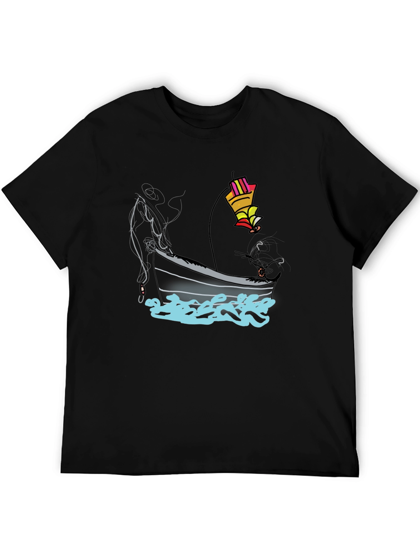 Fishing Boat Graphic Tee - Black Cotton T-Shirt