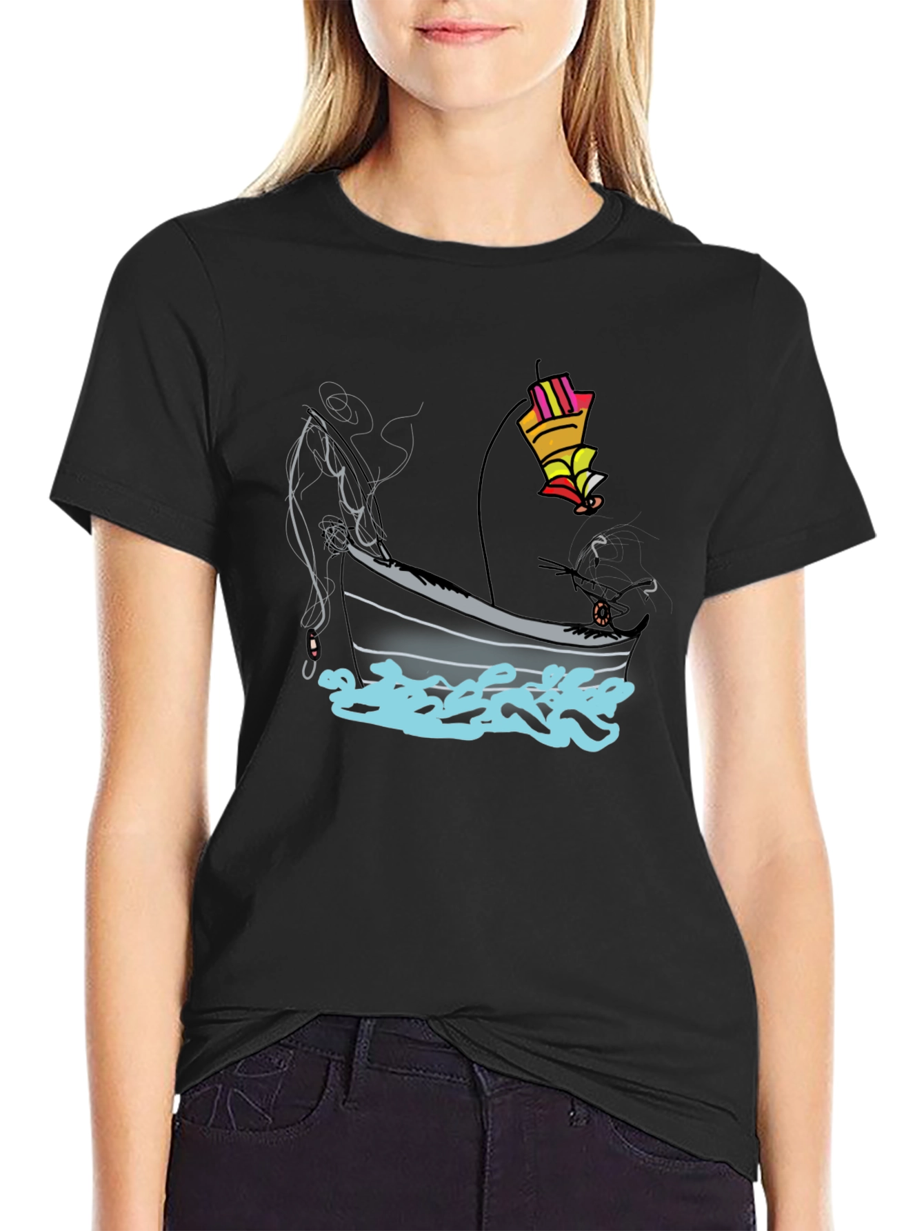 Fishing Boat Graphic Tee - Black Cotton T-Shirt