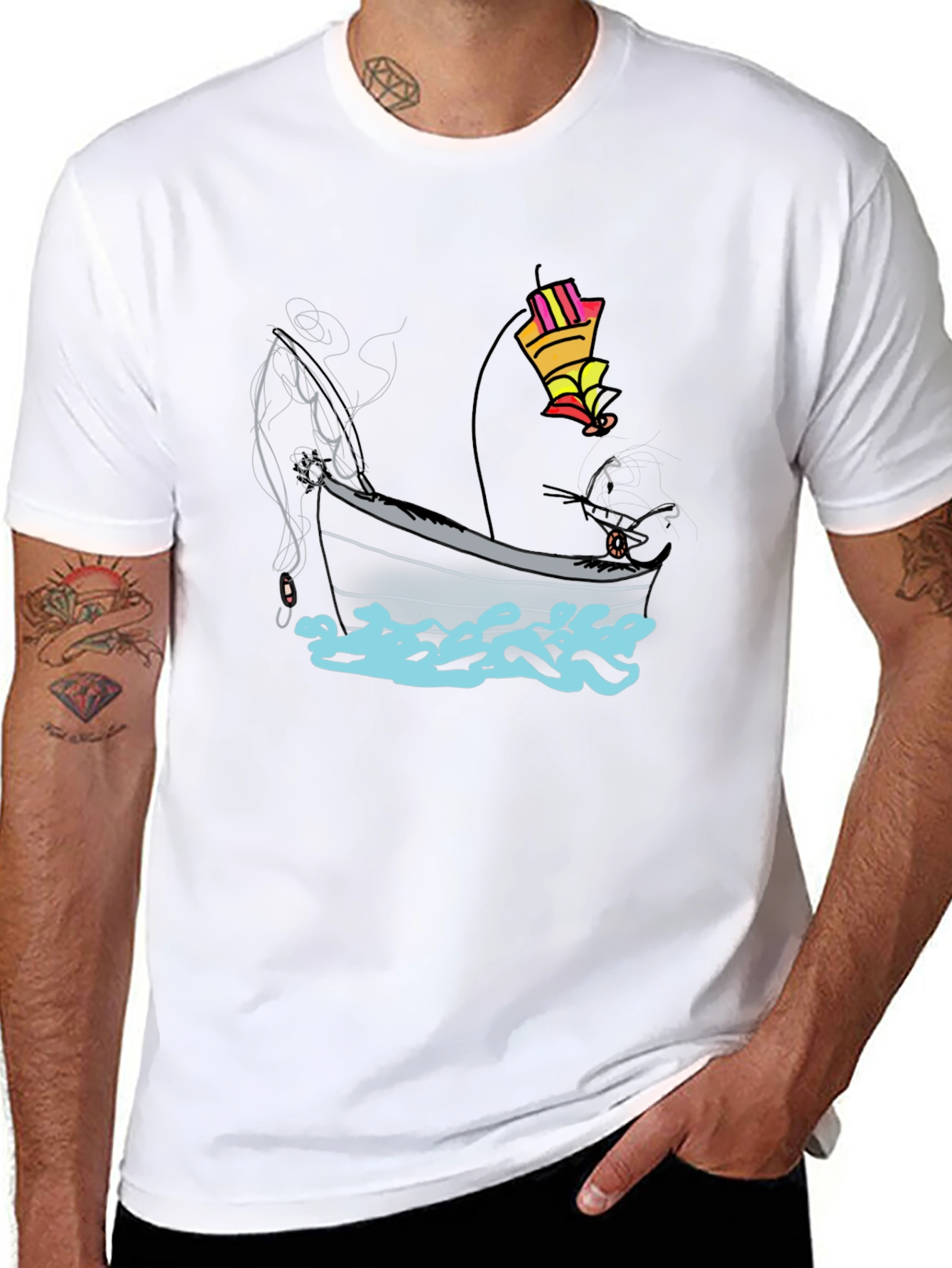 Fishing Boat Graphic Tee - Black Cotton T-Shirt