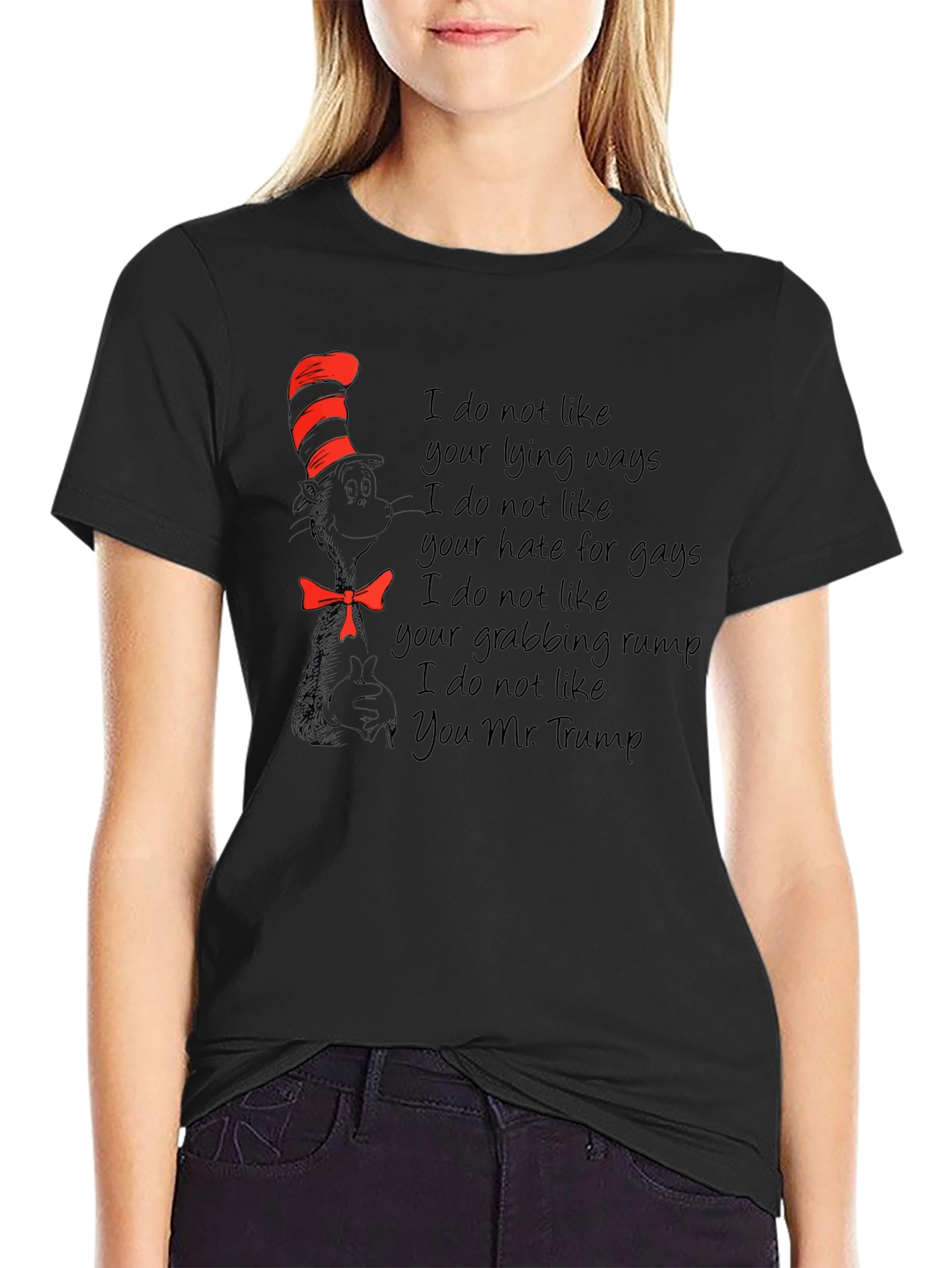 Satirical T-Shirt: Cat in the Hat vs. Trump