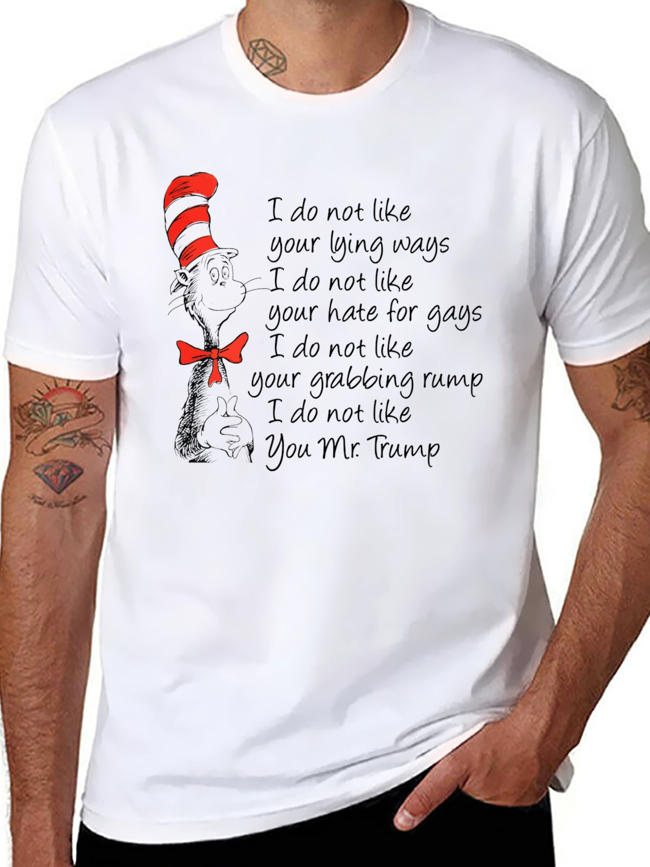 Satirical T-Shirt: Cat in the Hat vs. Trump