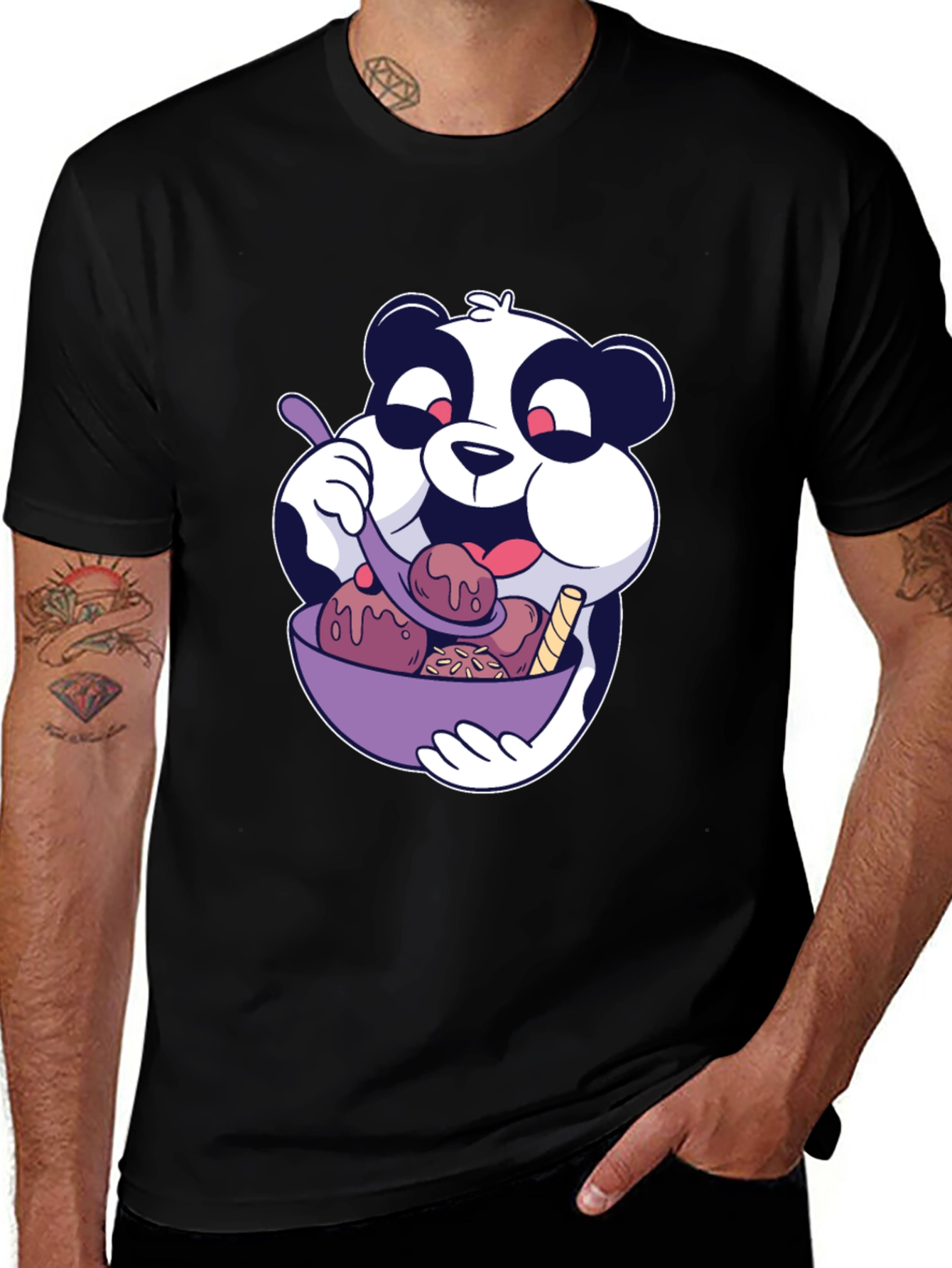 Panda Ice Cream Graphic Black T-Shirt