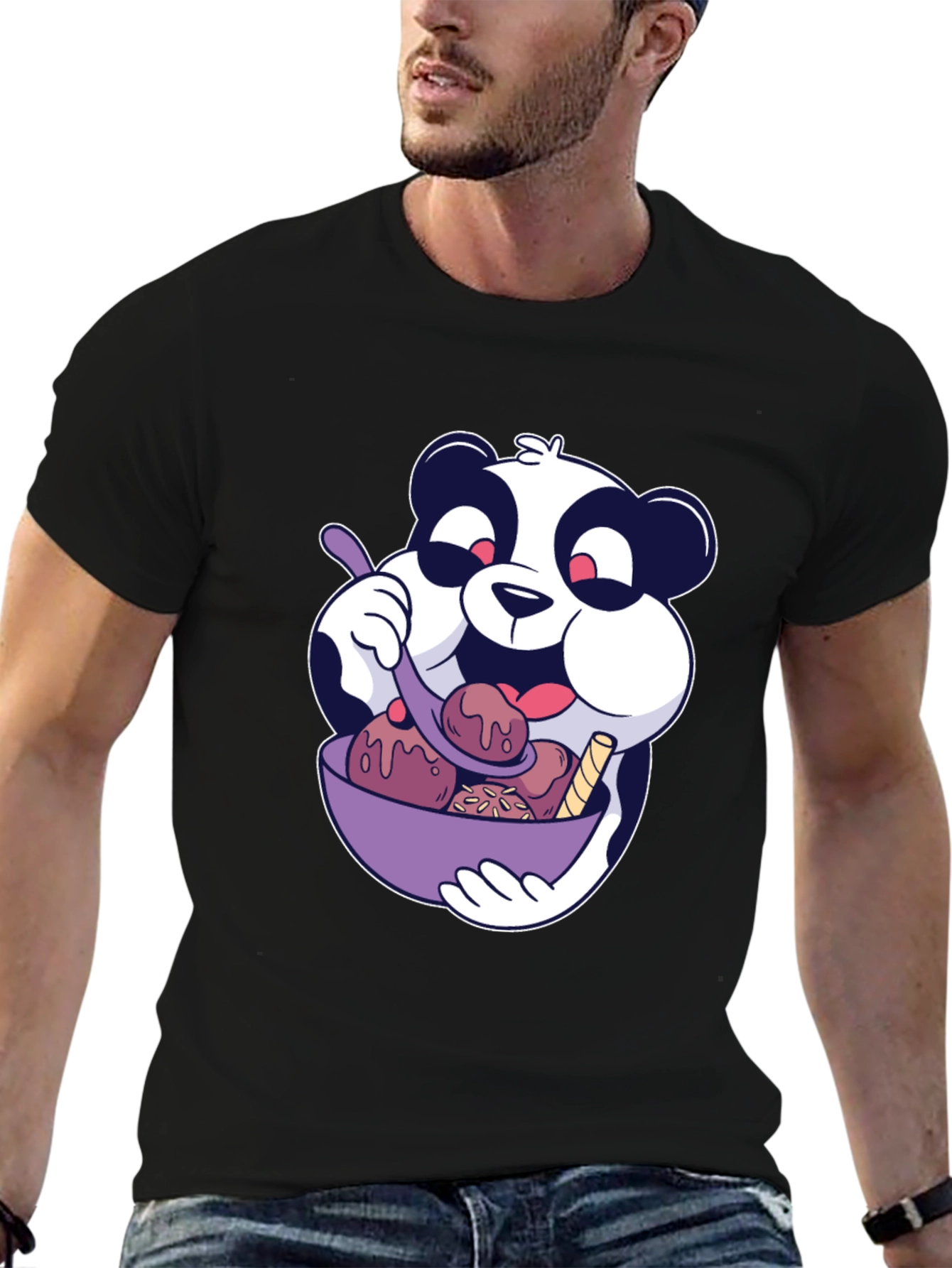 Panda Ice Cream Graphic Black T-Shirt
