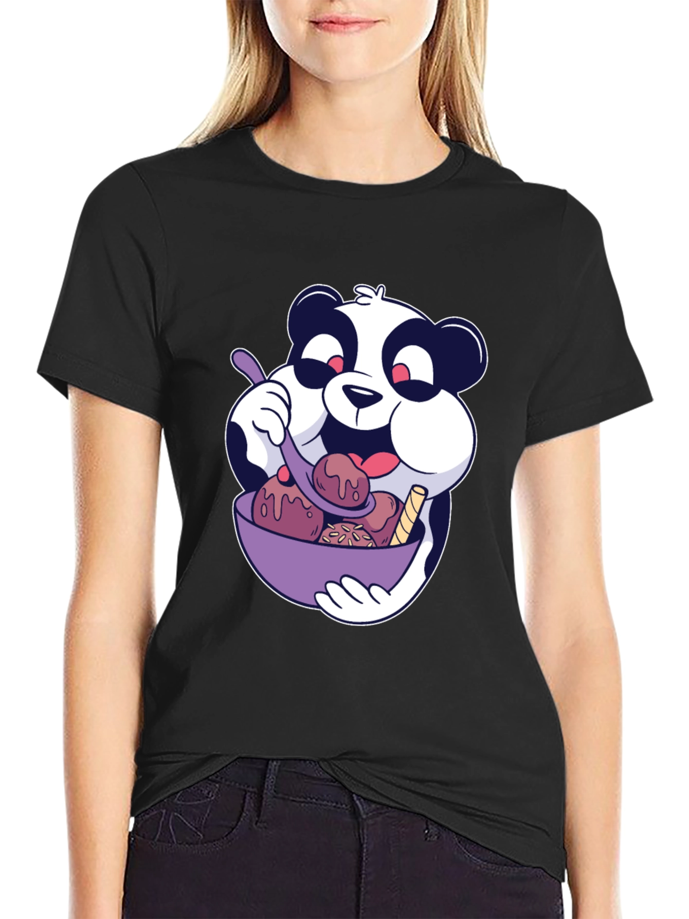 Panda Ice Cream Graphic Black T-Shirt