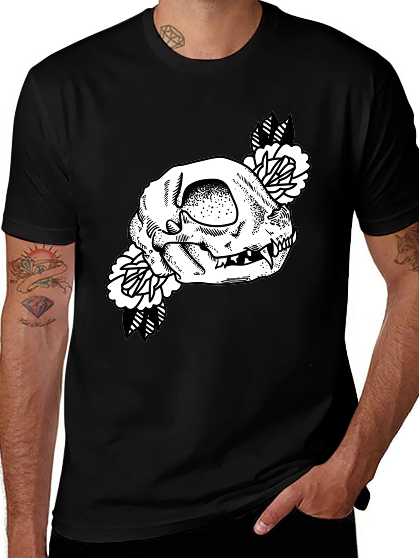 Skull Floral Graphic Tee - Black Cotton T-Shirt