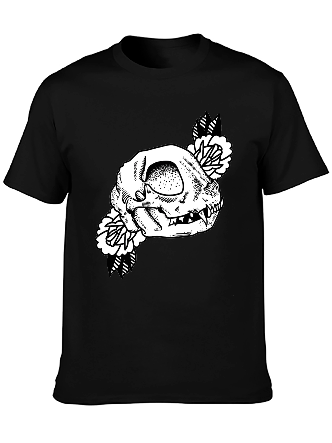 Skull Floral Graphic Tee - Black Cotton T-Shirt