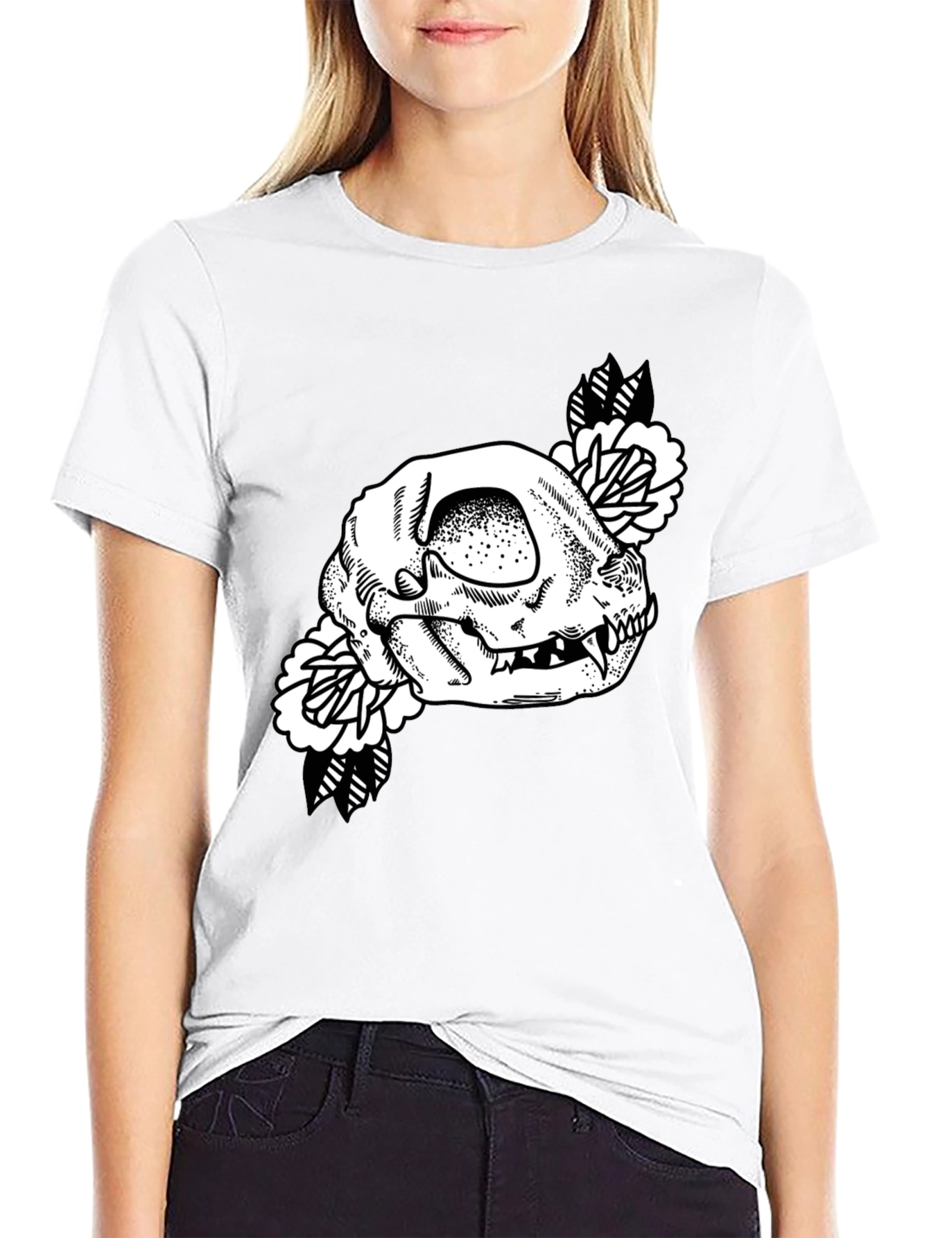 Skull Floral Graphic Tee - Black Cotton T-Shirt