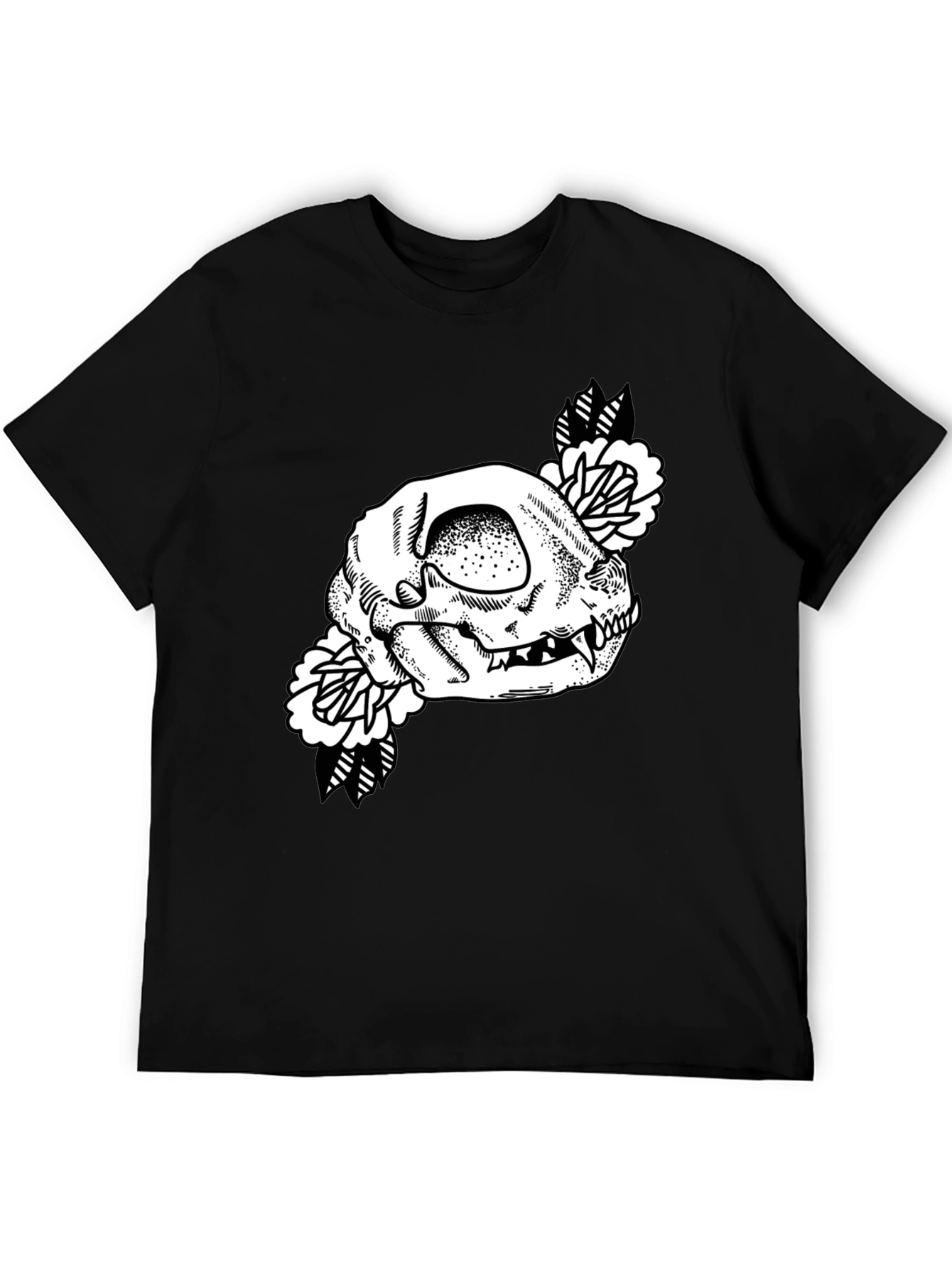 Skull Floral Graphic Tee - Black Cotton T-Shirt