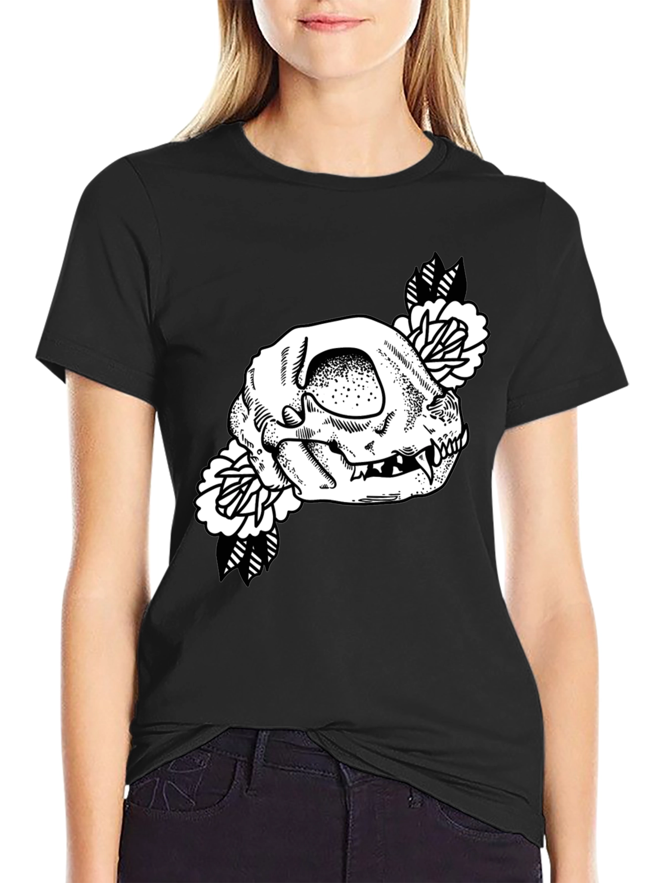 Skull Floral Graphic Tee - Black Cotton T-Shirt
