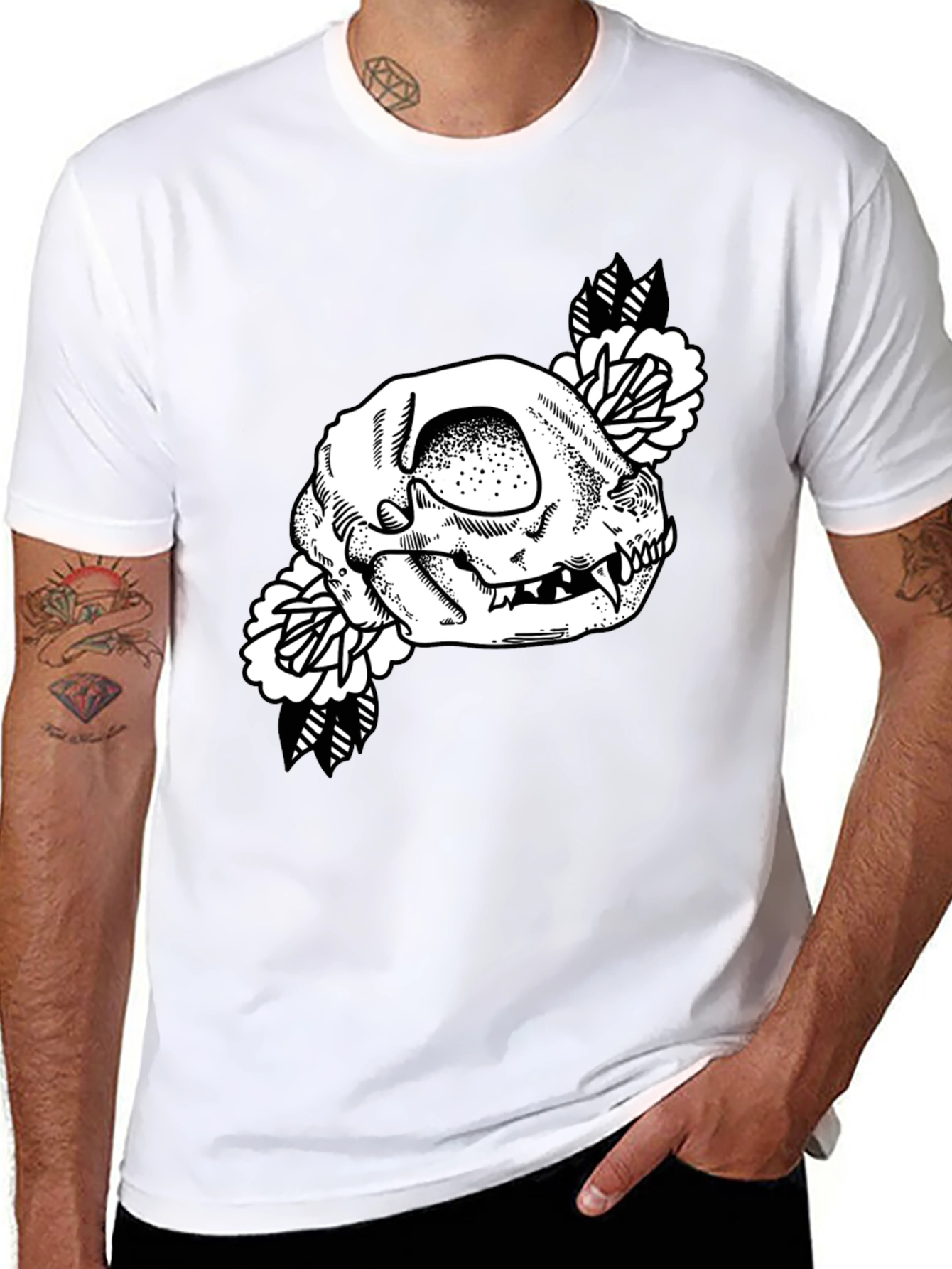 Skull Floral Graphic Tee - Black Cotton T-Shirt