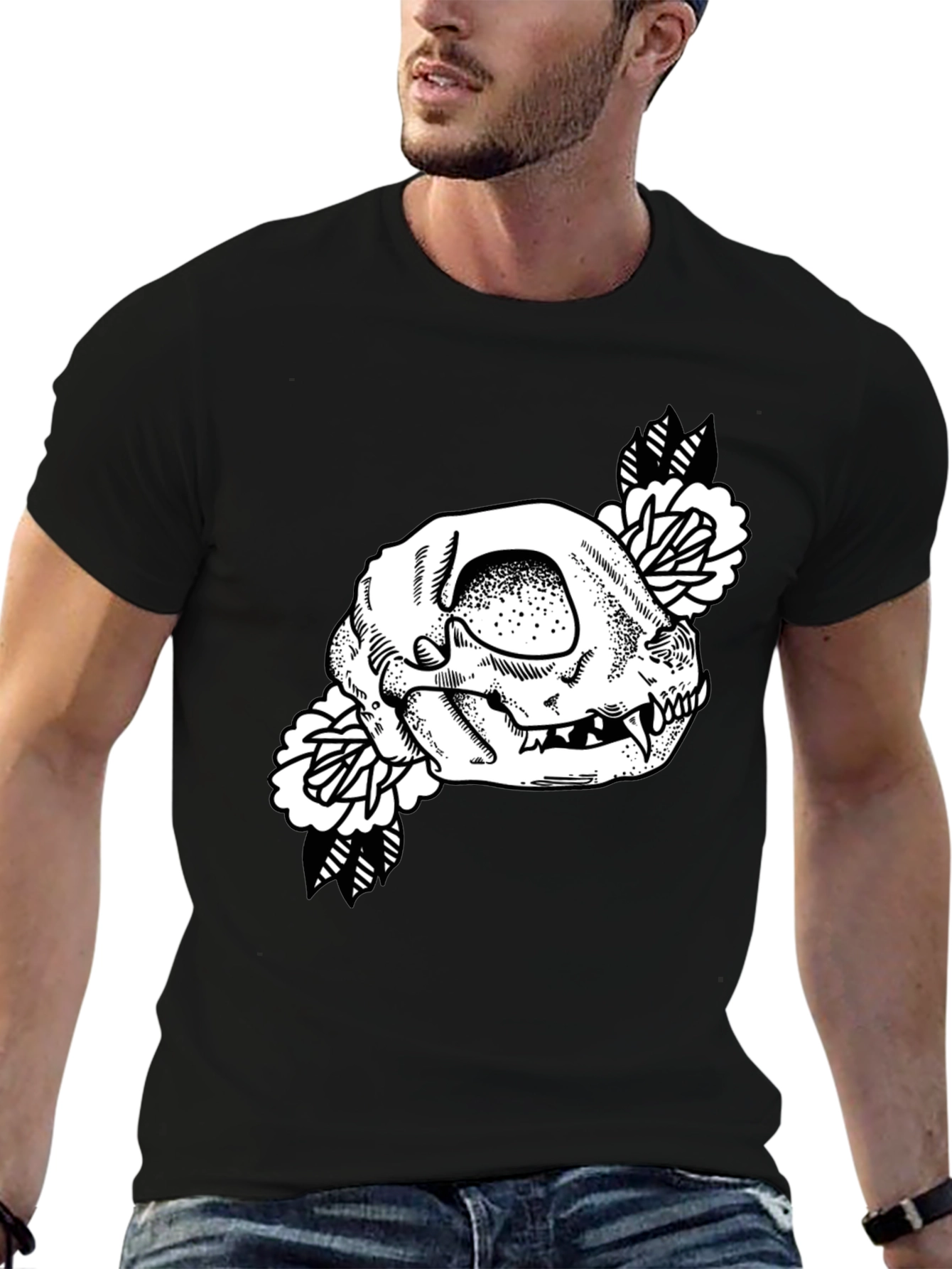 Skull Floral Graphic Tee - Black Cotton T-Shirt