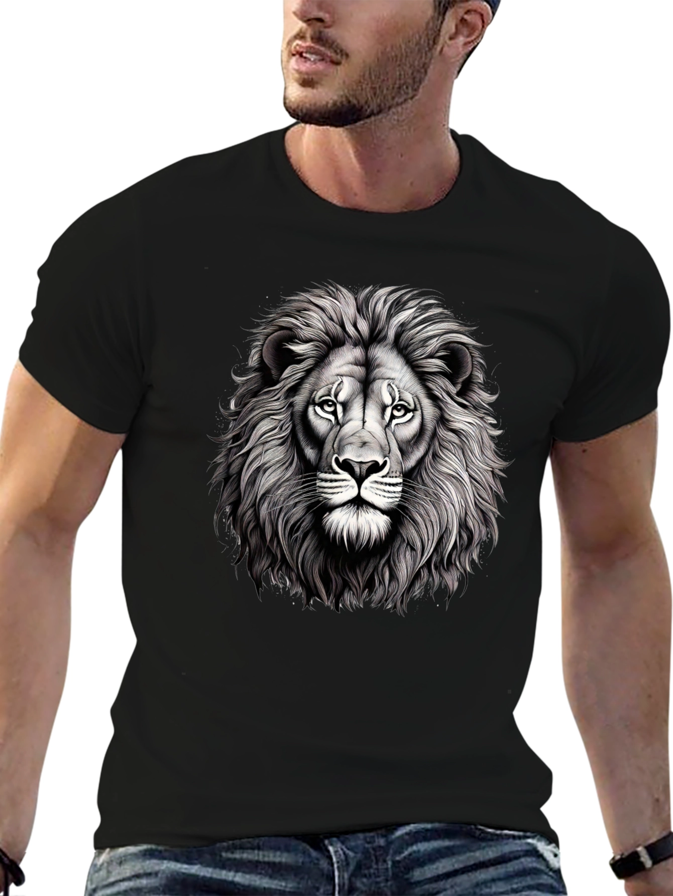 Lion Graphic Tee - Mens Black Cotton T-Shirt