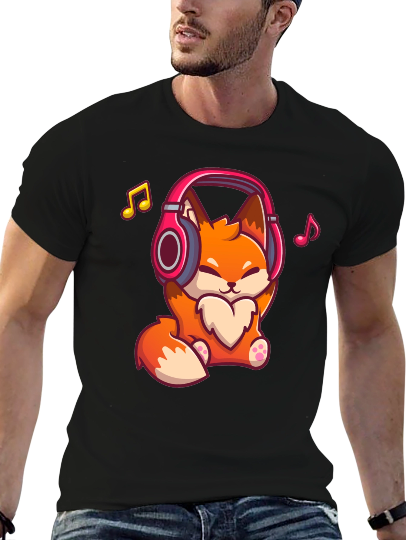 Cute Fox with Headphones Black T-Shirt