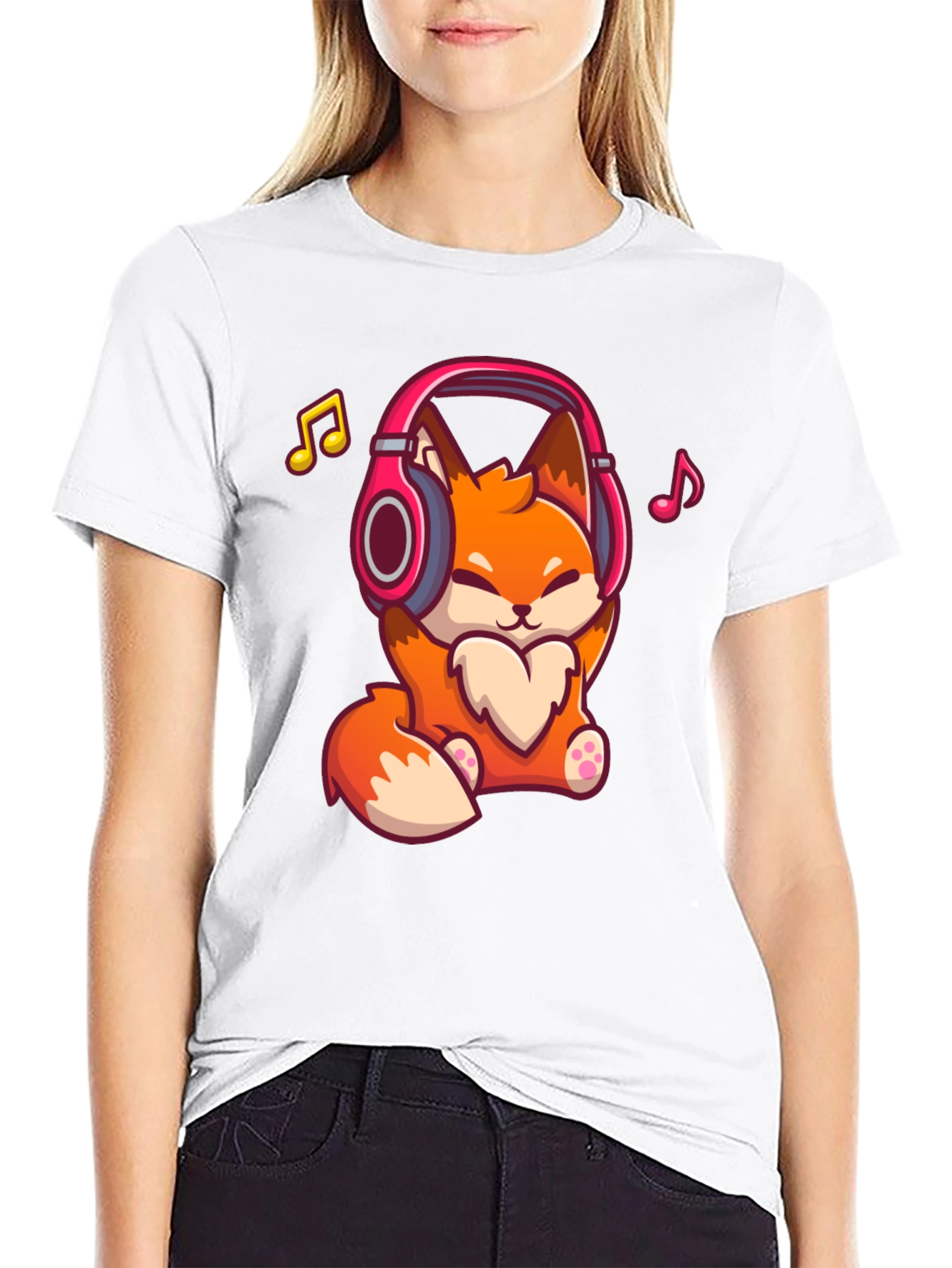 Cute Fox with Headphones Black T-Shirt